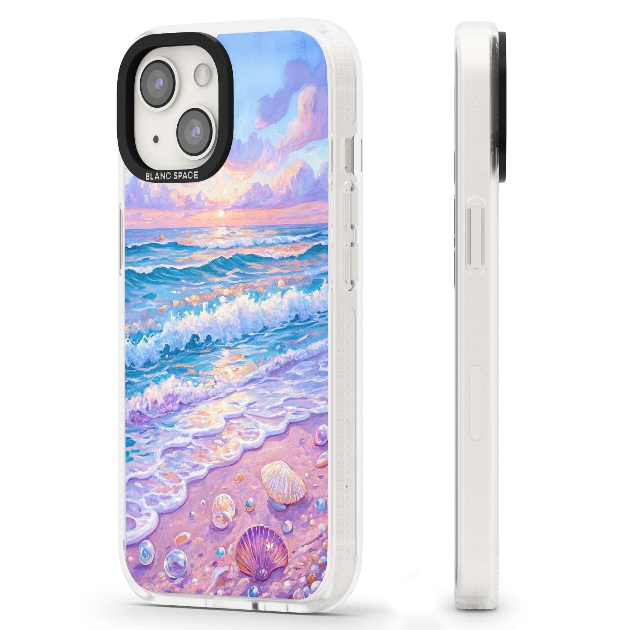 Pearl Shore coastal iPhone case featuring pastel painted waves, seashells, and a sunrise sky over a lavender beach. | Clear Case Impact Air case for iPhone 15, iPhone 15 Plus