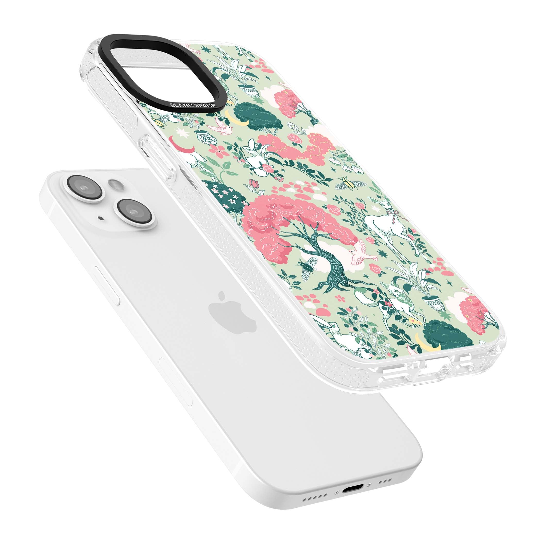 Enchanted Woodland cottagecore iPhone case featuring white deer, pink roses, mushrooms and woodland animals on sage green | Clear Case Impact Air case for iPhone 15, iPhone 15 Plus