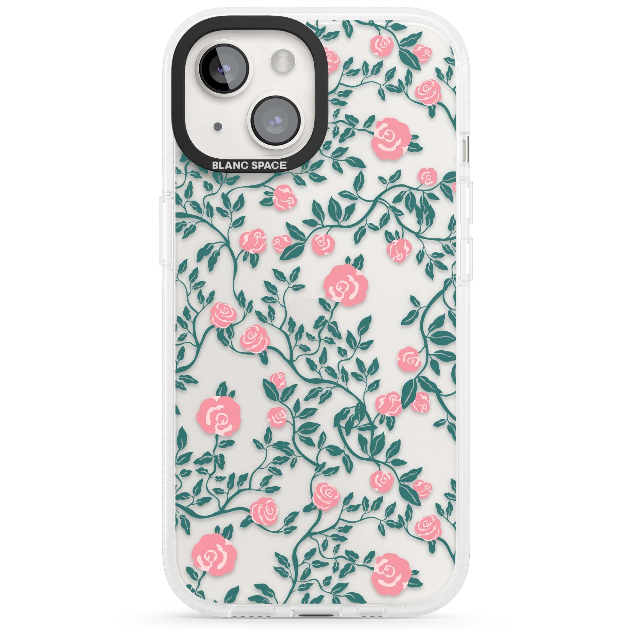 Rose Trellis (Clear) cottagecore iPhone case featuring pink climbing roses and green leaves on clear background | Clear Case Impact Air case for iPhone 15, iPhone 15 Plus