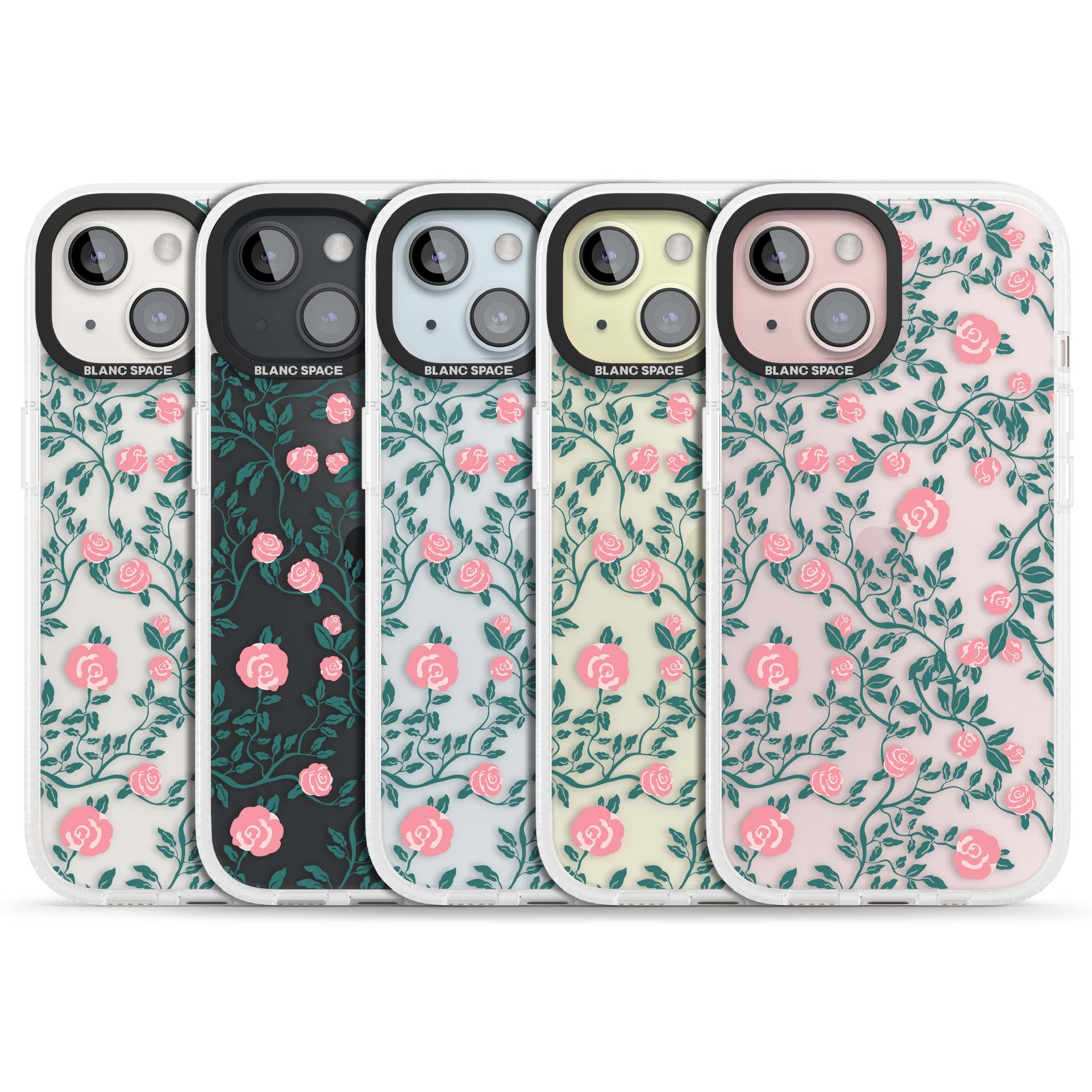Rose Trellis (Clear) cottagecore iPhone case featuring pink climbing roses and green leaves on clear background | Clear Case Impact Air case for iPhone 15, iPhone 15 Plus