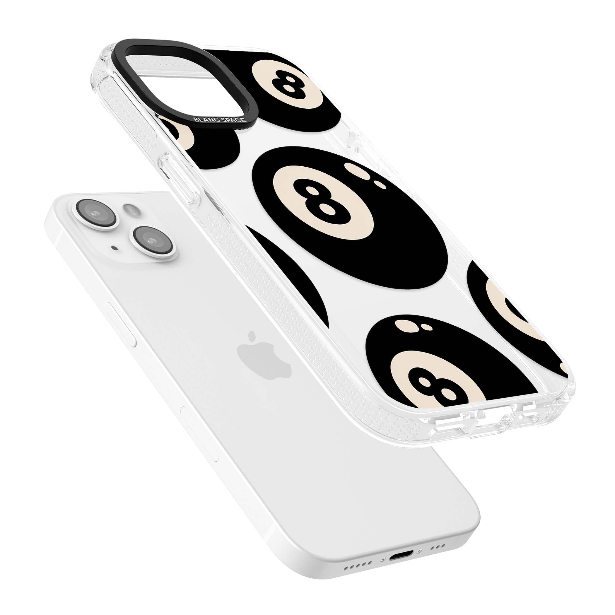 Eights y2k iPhone case featuring scattered black 8 balls with cream highlights on a clear background | Clear Case Impact Air case for iPhone 15, iPhone 15 Plus