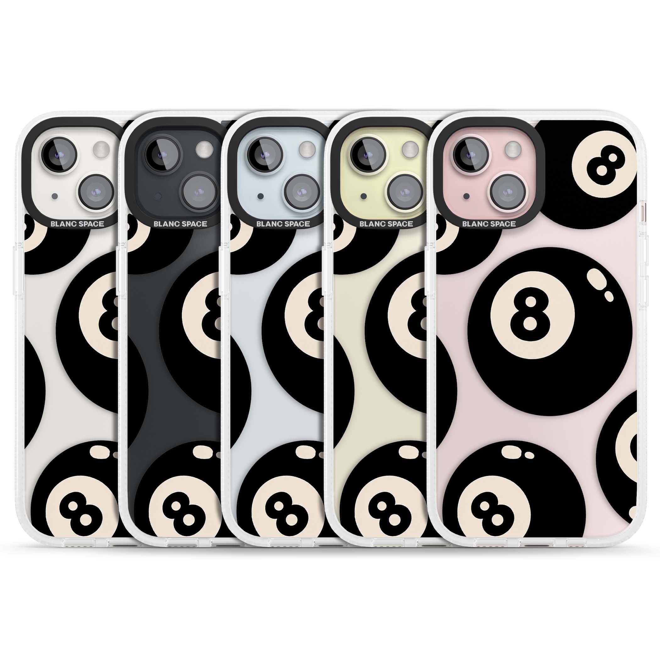 Eights y2k iPhone case featuring scattered black 8 balls with cream highlights on a clear background | Clear Case Impact Air case for iPhone 15, iPhone 15 Plus