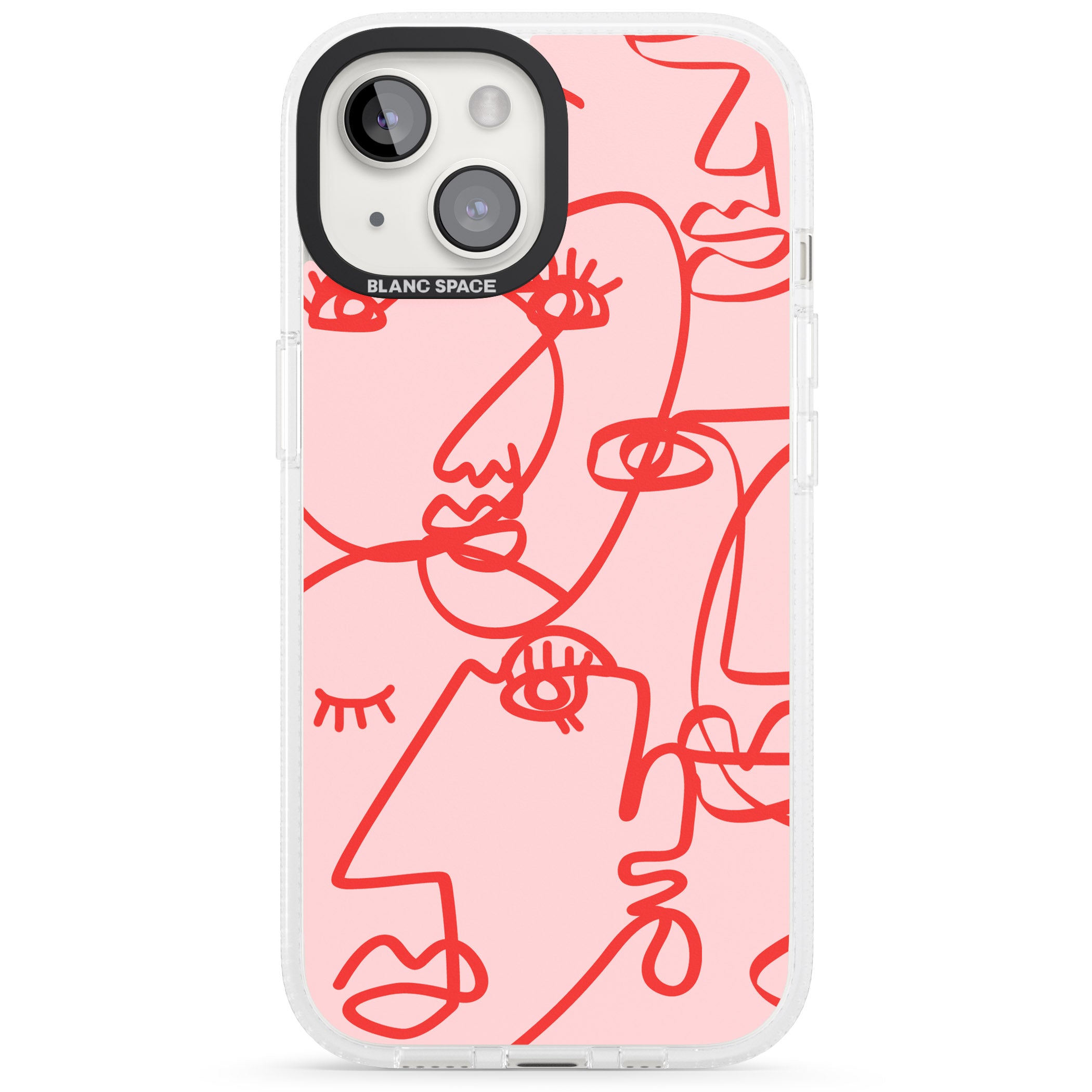 Abstract Continuous Line Faces Red on Pink iPhone 15 / 14 / 13 Clear Case Impact Air - Blanc Space