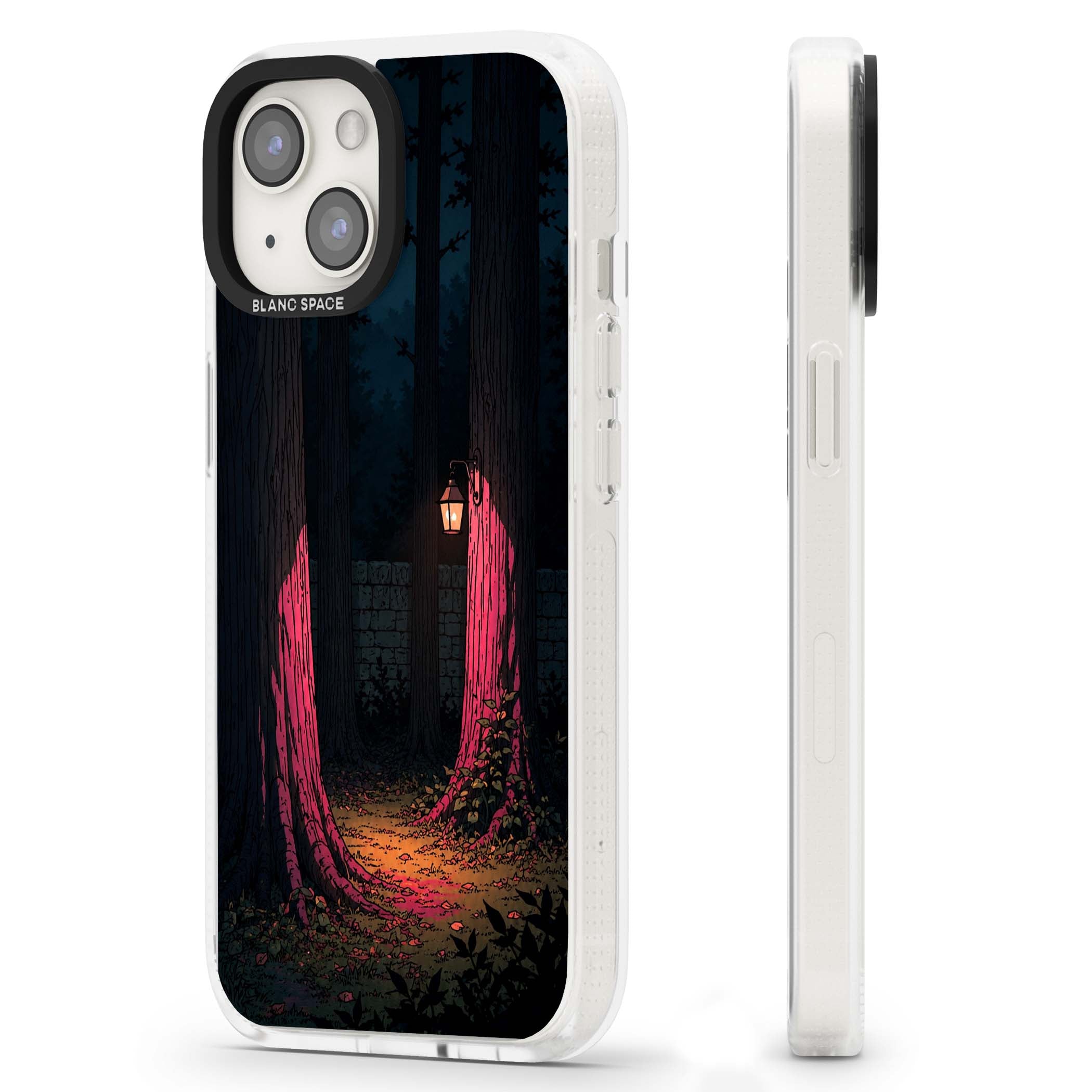 Forest Lantern dark academia iPhone case featuring a moonlit forest, glowing lantern, and stone wall pathway | Clear Case Impact Air case for iPhone 15, iPhone 15 Plus