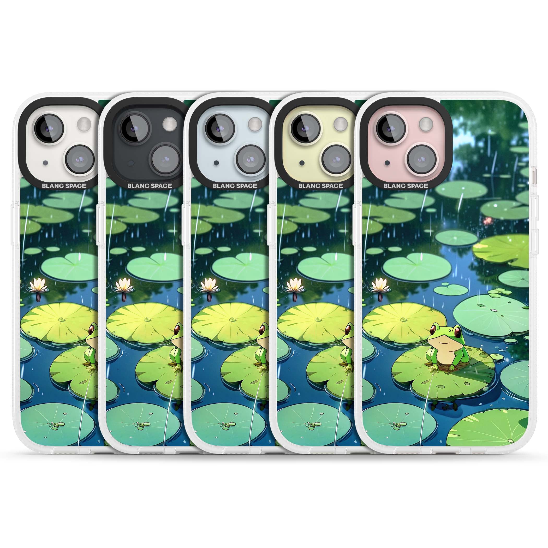 Frog In Lily Pond cottagecore iPhone case featuring a cute green frog on a lily pad with falling rain and a lotus flower | Clear Case Impact Air case for iPhone 15, iPhone 15 Plus