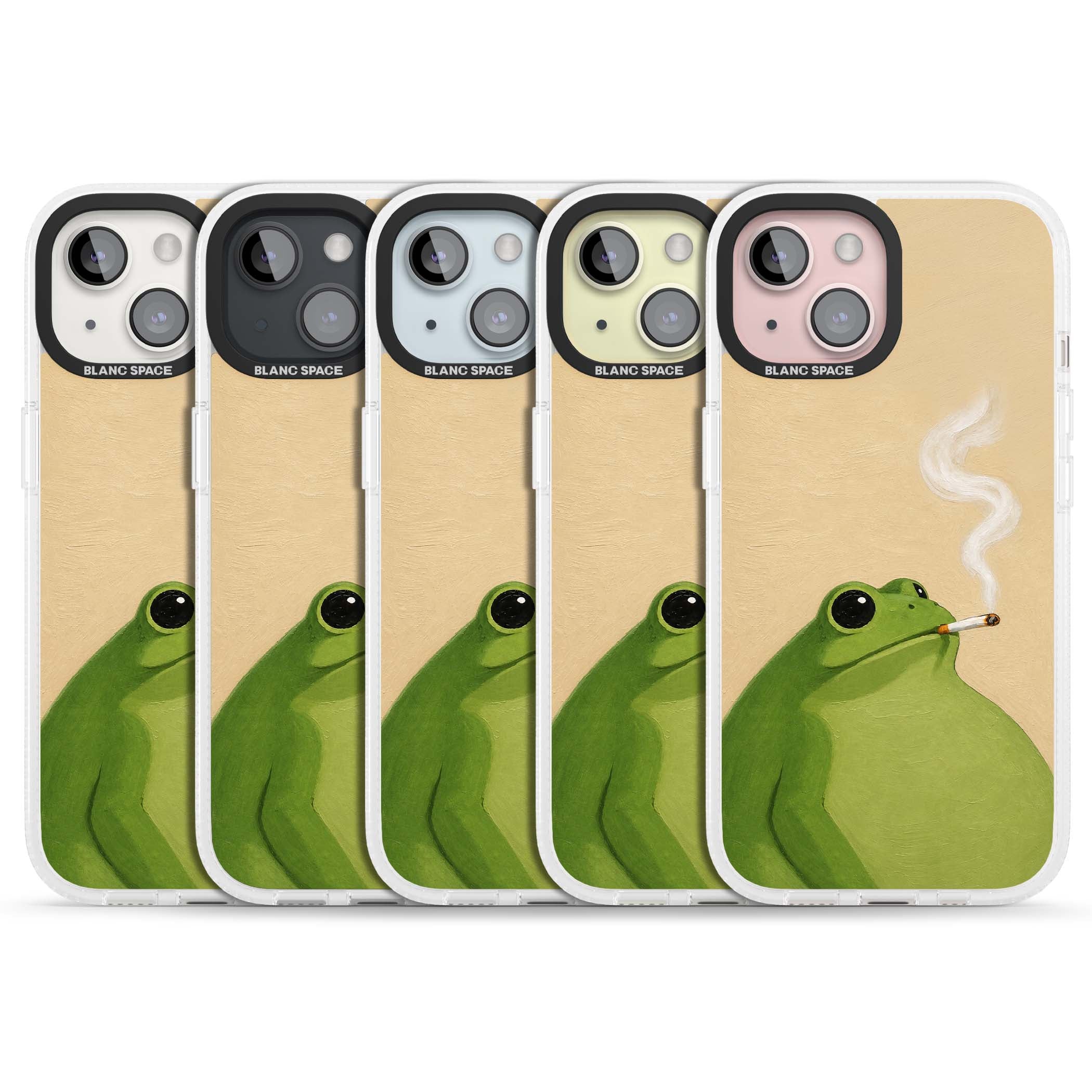 The Smoking Frog cottagecore iPhone case featuring a hand-painted green frog smoking a cigarette on a cream oil painting back | Clear Case Impact Air case for iPhone 15, iPhone 15 Plus