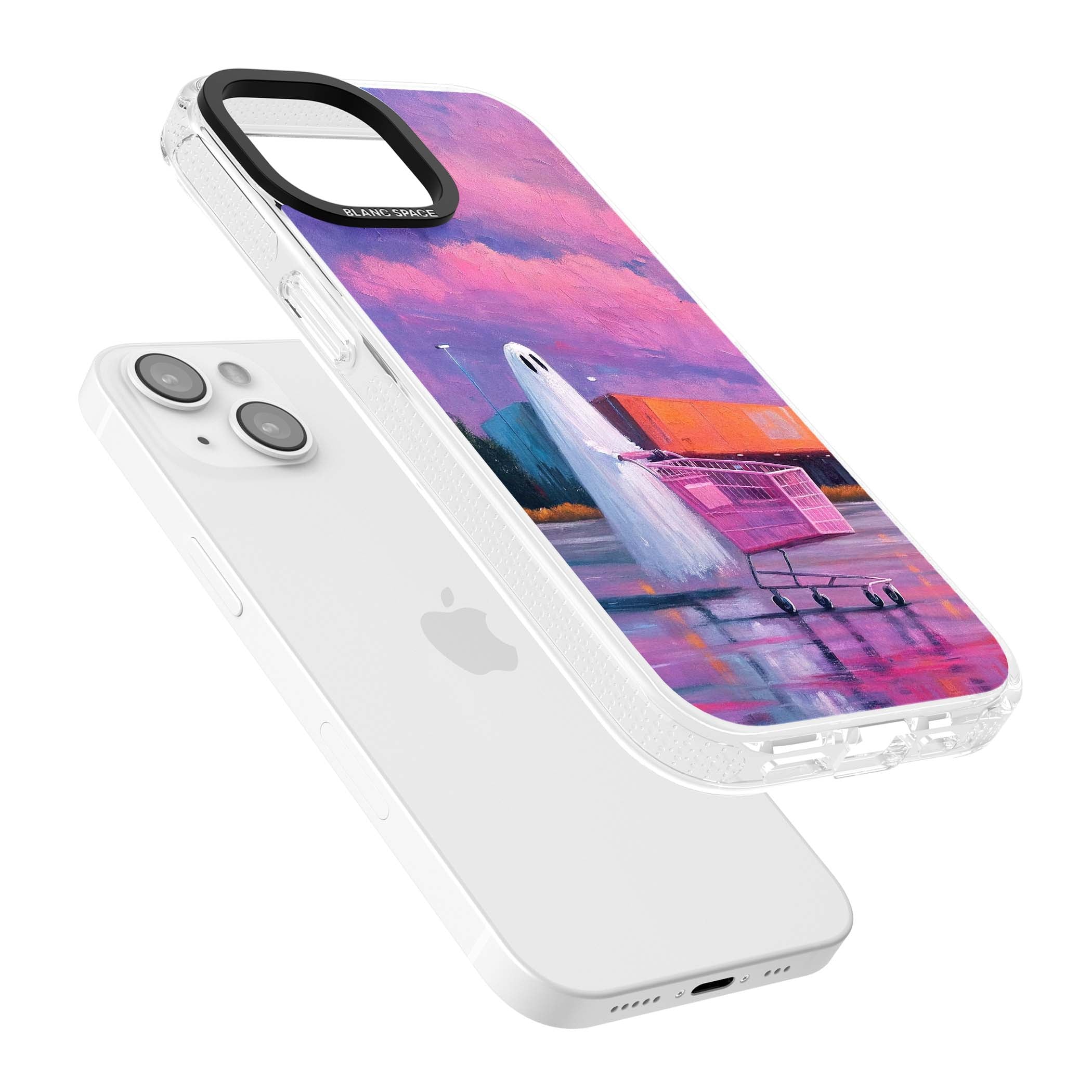 A Ghost's Errand ghost halloween iPhone case featuring a painted ghost, pink shopping trolley and purple sunset sky | Clear Case Impact Air case for iPhone 15, iPhone 15 Plus