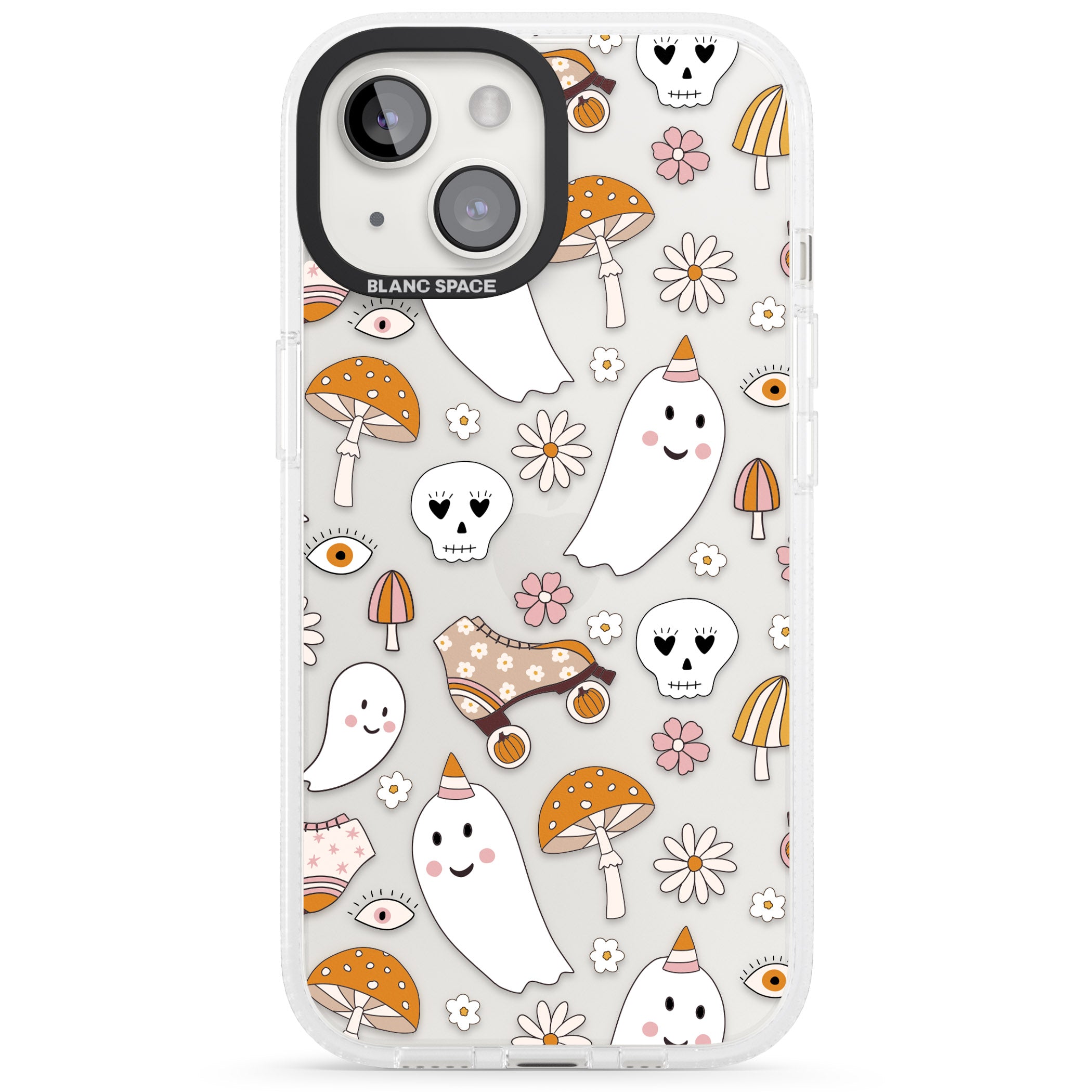 Cute Ghost and Skulls Pattern iPhone 15 / 14 / 13 Clear Case Impact Air - Blanc Space