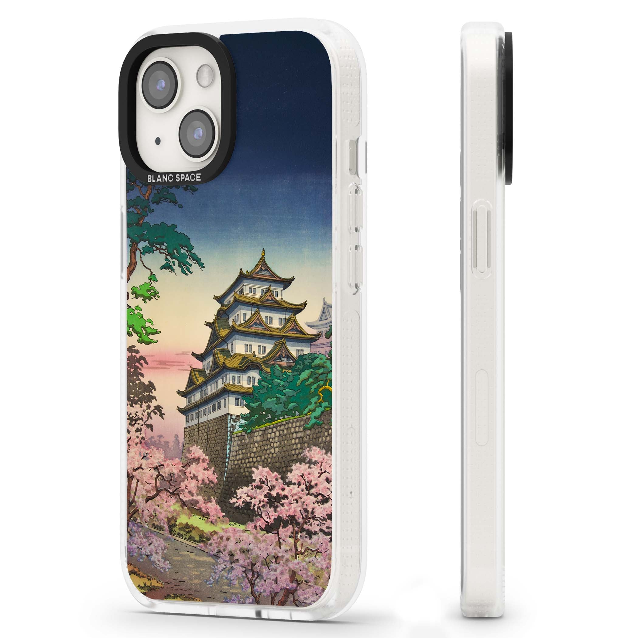 Nagoya Castle Japanese iPhone case featuring a vintage pagoda, twilight sky and cherry blossom trees | Clear Case Impact Air case for iPhone 15, iPhone 15 Plus
