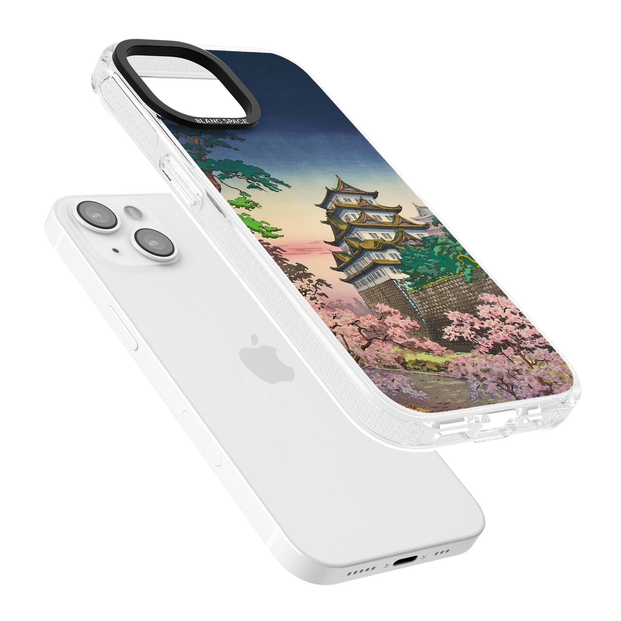 Nagoya Castle Japanese iPhone case featuring a vintage pagoda, twilight sky and cherry blossom trees | Clear Case Impact Air case for iPhone 15, iPhone 15 Plus