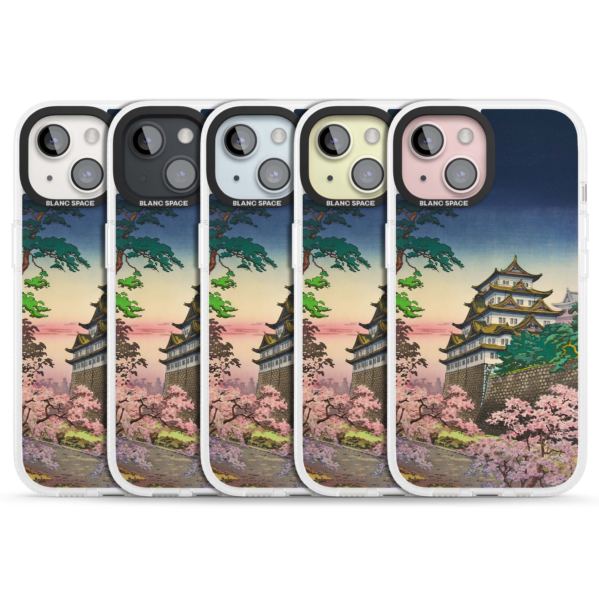 Nagoya Castle Japanese iPhone case featuring a vintage pagoda, twilight sky and cherry blossom trees | Clear Case Impact Air case for iPhone 15, iPhone 15 Plus