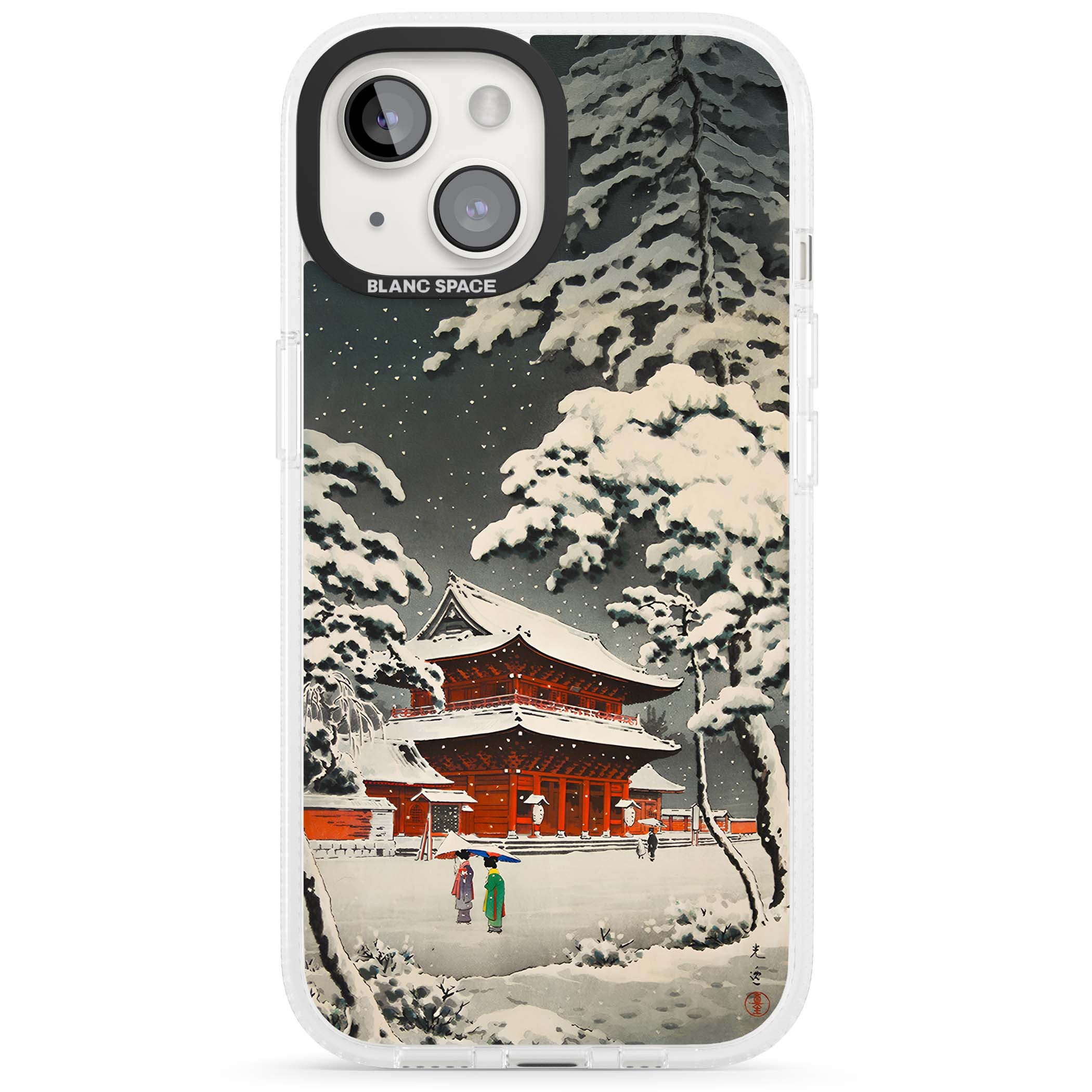 Snow at Shiha Park, Tokyo Japanese art iPhone case featuring a vintage ukiyo-e snowy temple, red pagoda, and snow-covered pin | Clear Case Impact Air case for iPhone 15, iPhone 15 Plus