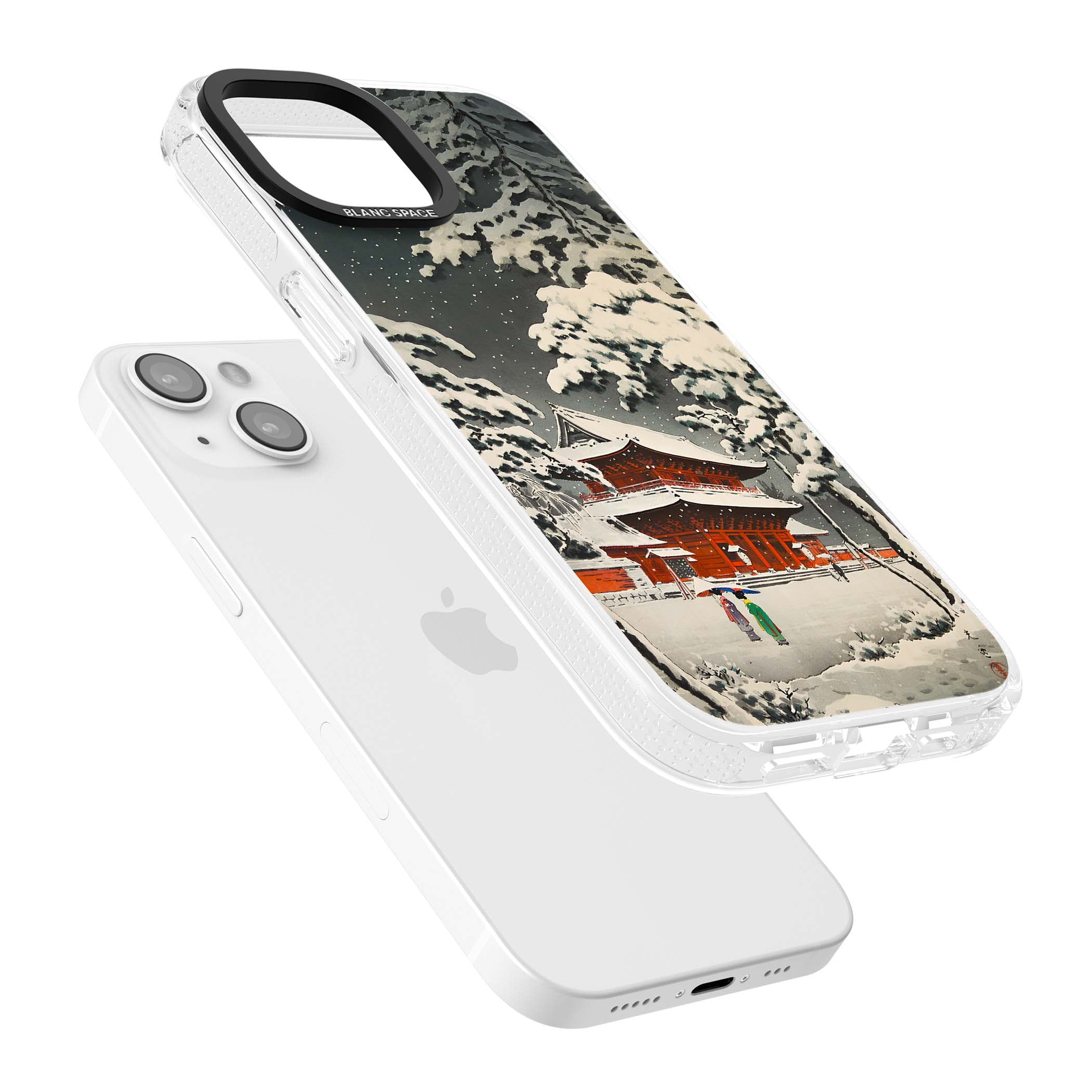 Snow at Shiha Park, Tokyo Japanese art iPhone case featuring a vintage ukiyo-e snowy temple, red pagoda, and snow-covered pin | Clear Case Impact Air case for iPhone 15, iPhone 15 Plus