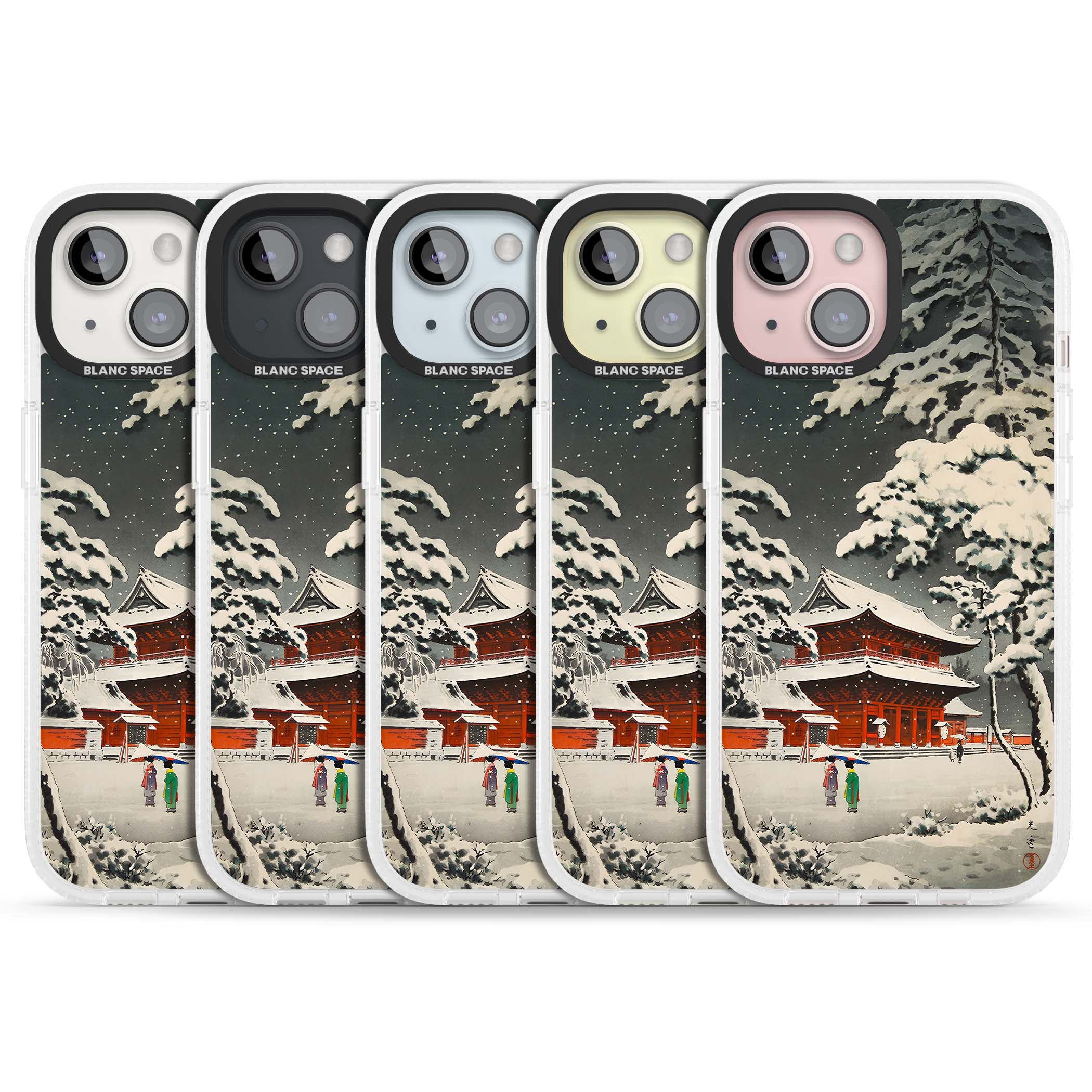 Snow at Shiha Park, Tokyo Japanese art iPhone case featuring a vintage ukiyo-e snowy temple, red pagoda, and snow-covered pin | Clear Case Impact Air case for iPhone 15, iPhone 15 Plus