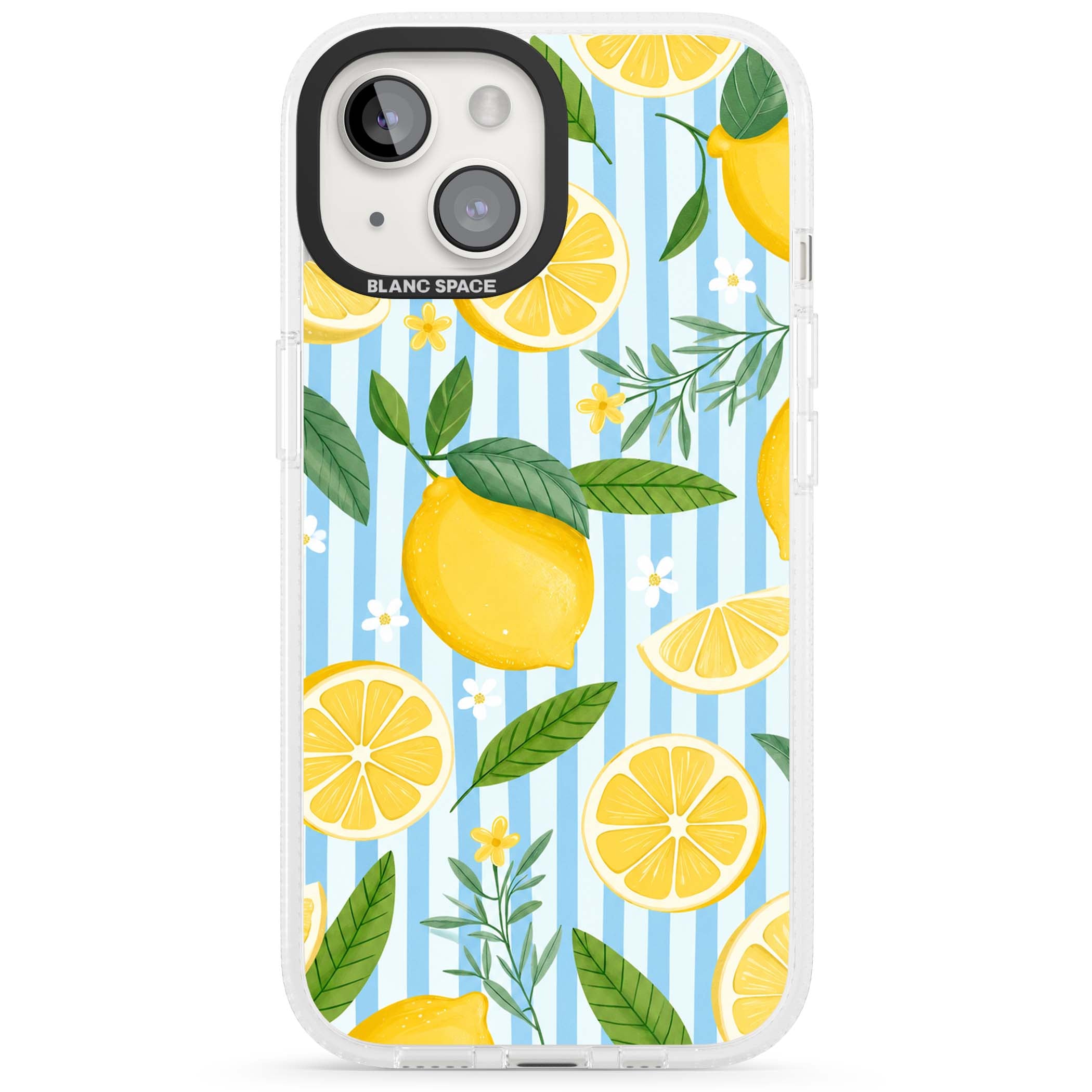 Capri Citrus Stripe coastal iPhone case featuring yellow lemons, blue stripes, and white daisy blossoms | Clear Case Impact Air case for iPhone 15, iPhone 15 Plus
