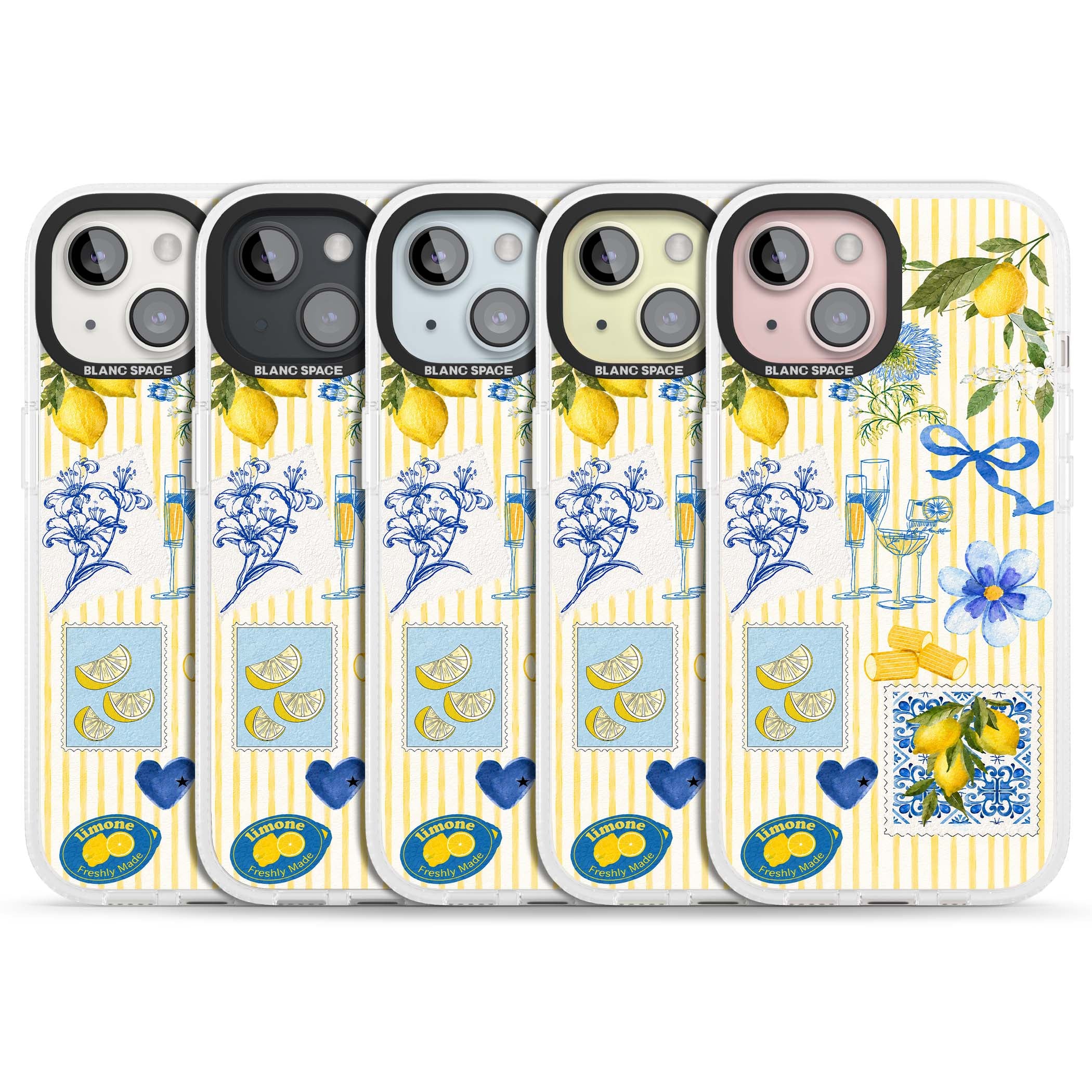 Limone Riviera Italian summer iPhone case featuring watercolour lemons, blue ribbon bows and majolica tile stamps on... | Clear Case Impact Air case for iPhone 15, iPhone 15 Plus