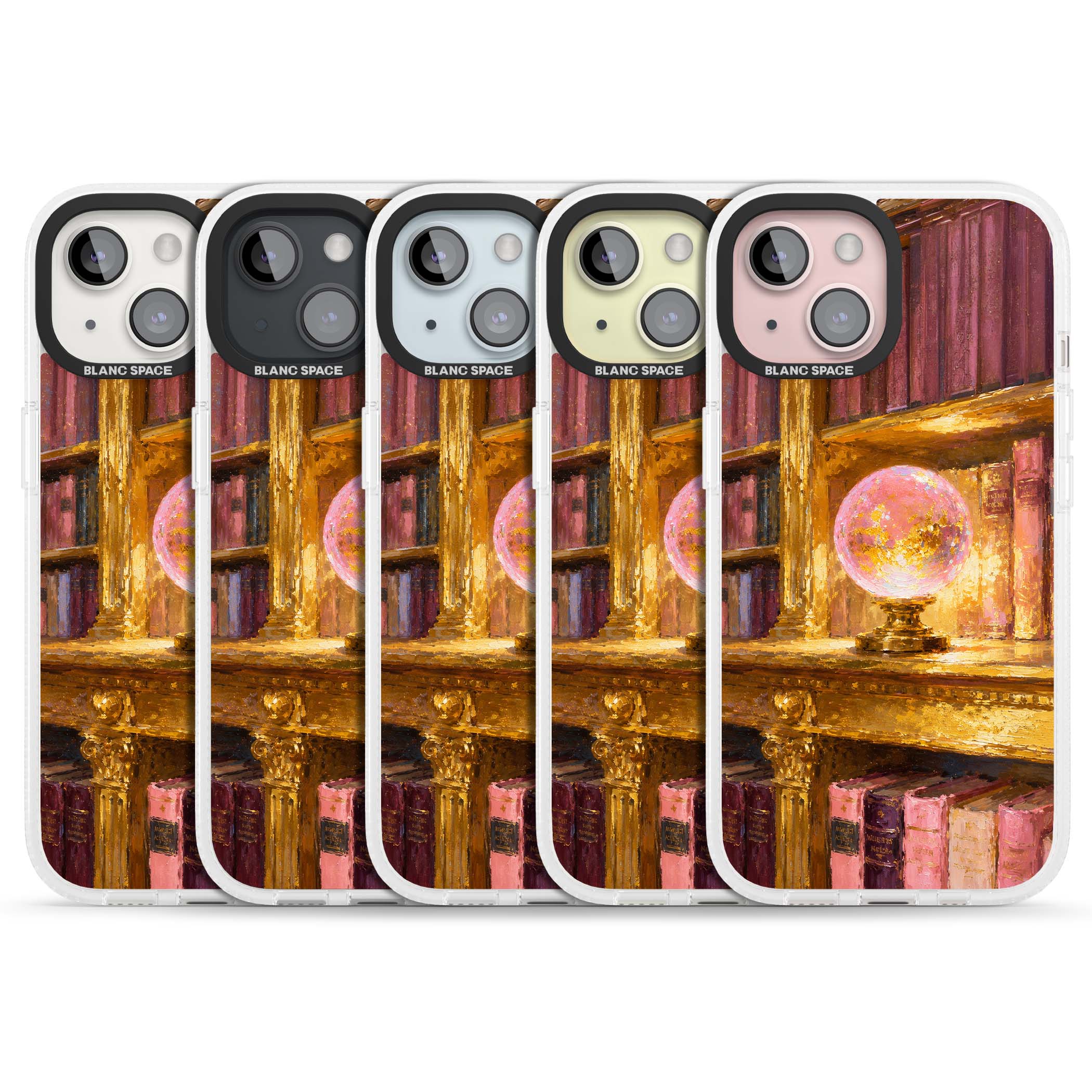 Gilded Library dark academia iPhone case featuring an oil painted crystal ball on a gilded library shelf with vintage | Clear Case Impact Air case for iPhone 15, iPhone 15 Plus