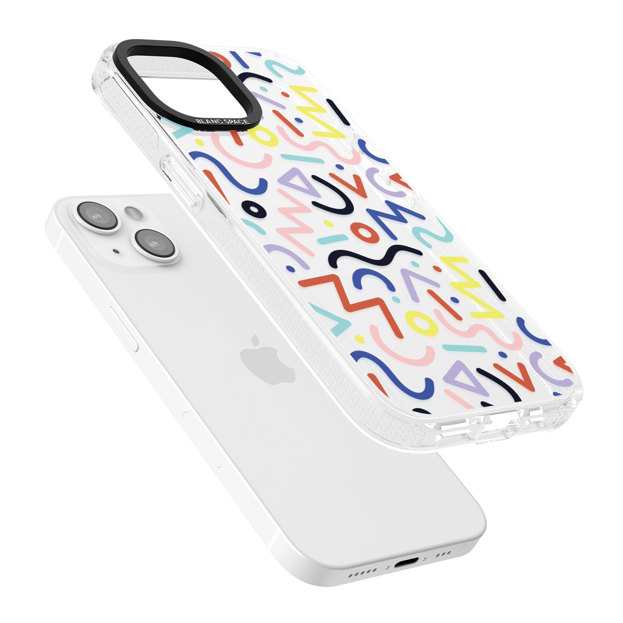 Colourful Squiggles Memphis Retro Pattern Design iPhone 15 / 14 / 13 Clear Case Impact Air - Blanc Space