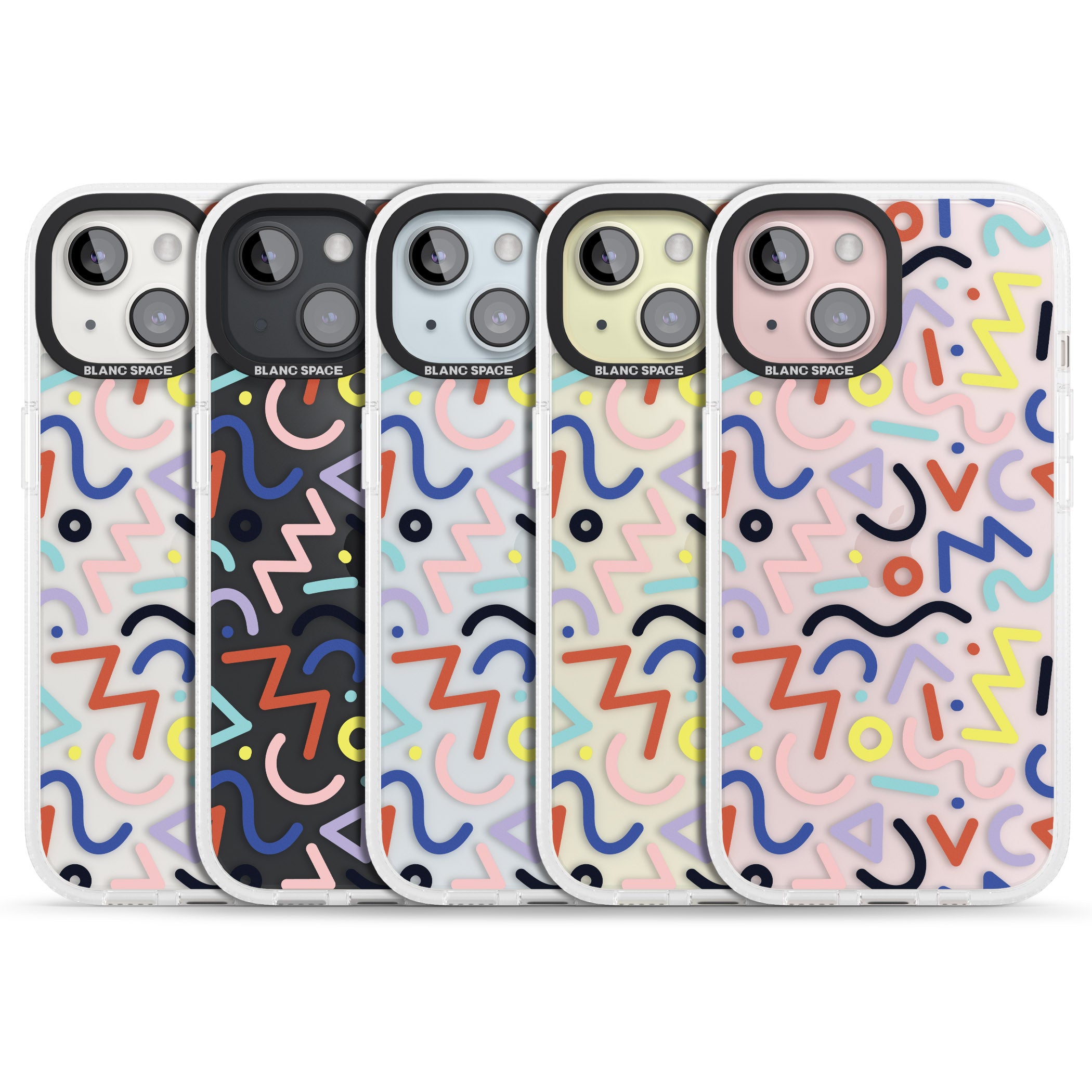 Colourful Squiggles Memphis Retro Pattern Design iPhone 15 / 14 / 13 Clear Case Impact Air - Blanc Space