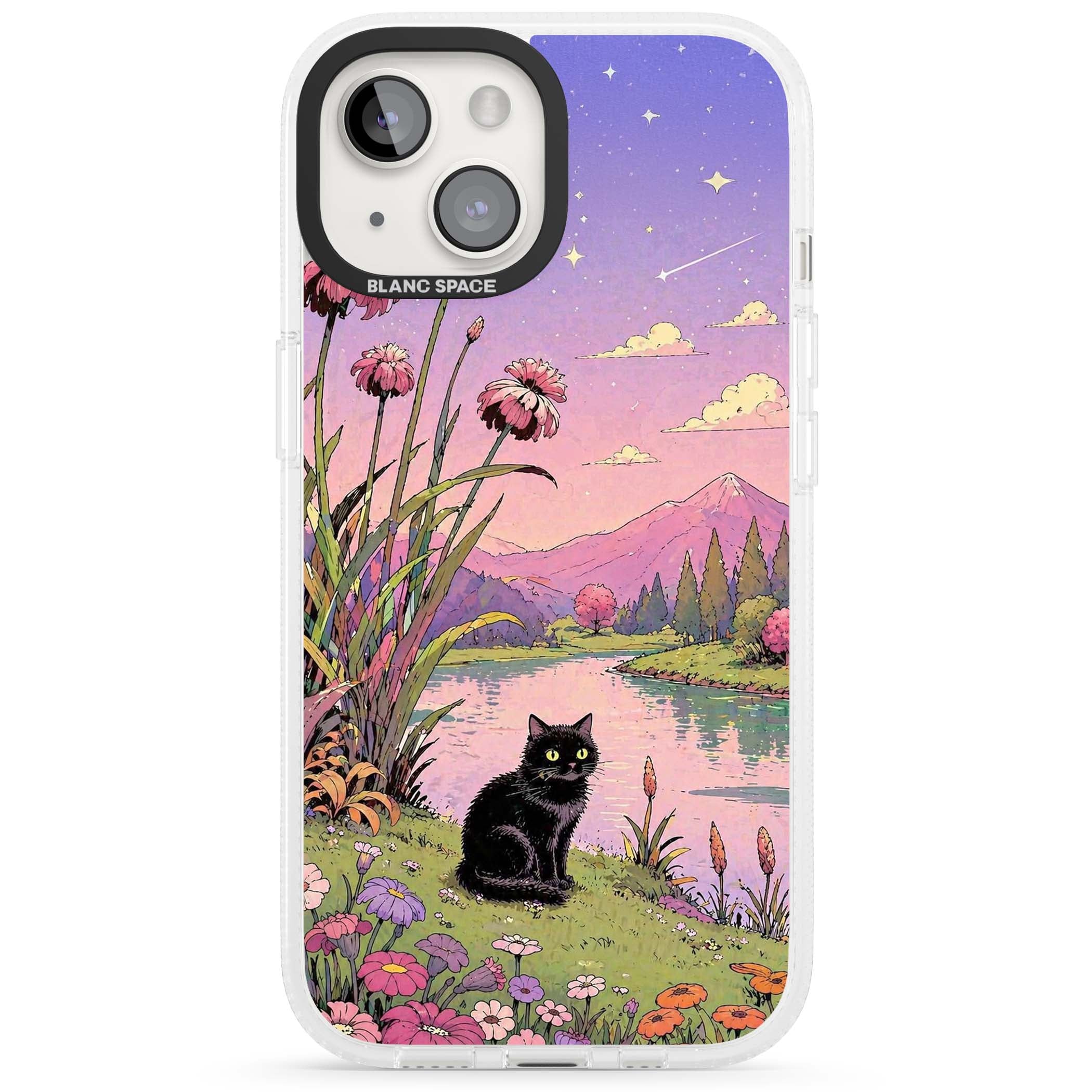 Mystic Whiskers ghibli iPhone case featuring a black cat by a pastel lake, wildflowers and a starry sunset sky | Clear Case Impact Air case for iPhone 15, iPhone 15 Plus