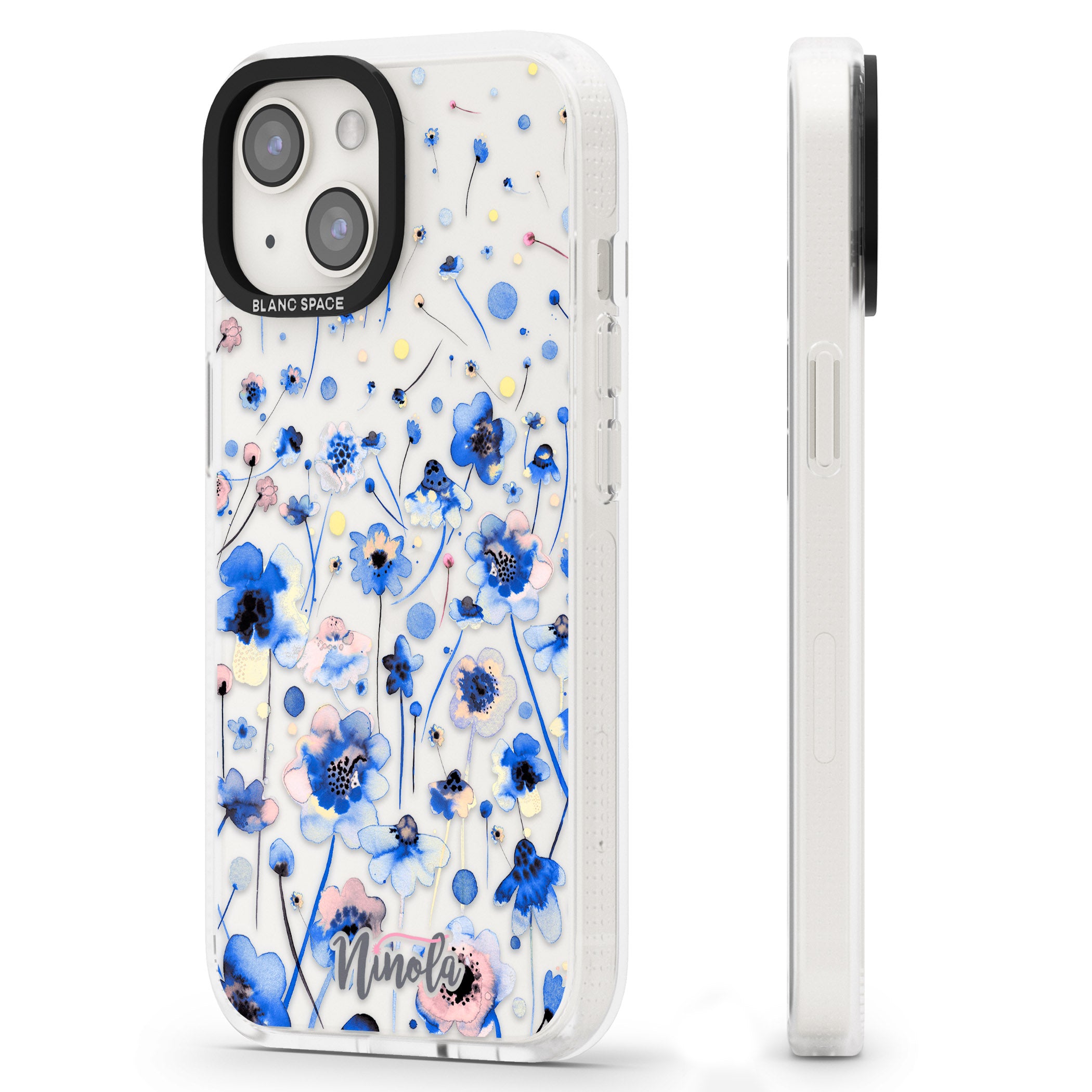 Ink Flowers Blue iPhone 15 / 14 / 13 Clear Case Impact Air - Blanc Space