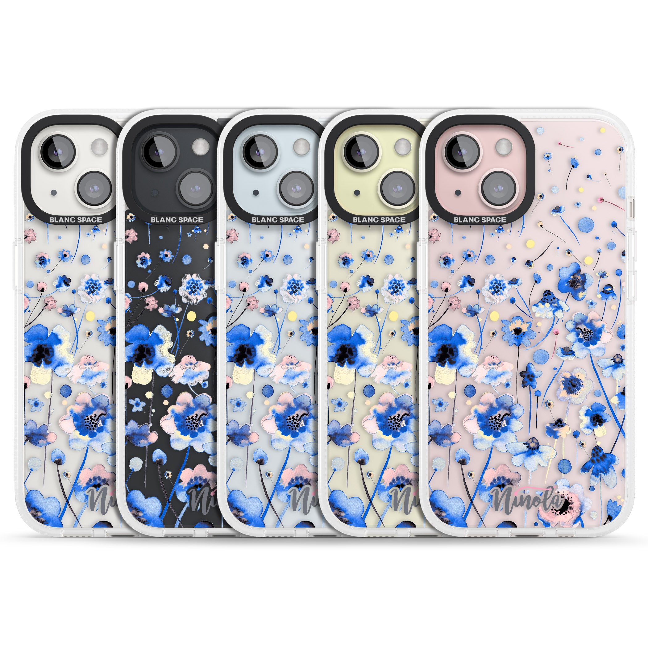 Ink Flowers Blue iPhone 15 / 14 / 13 Clear Case Impact Air - Blanc Space