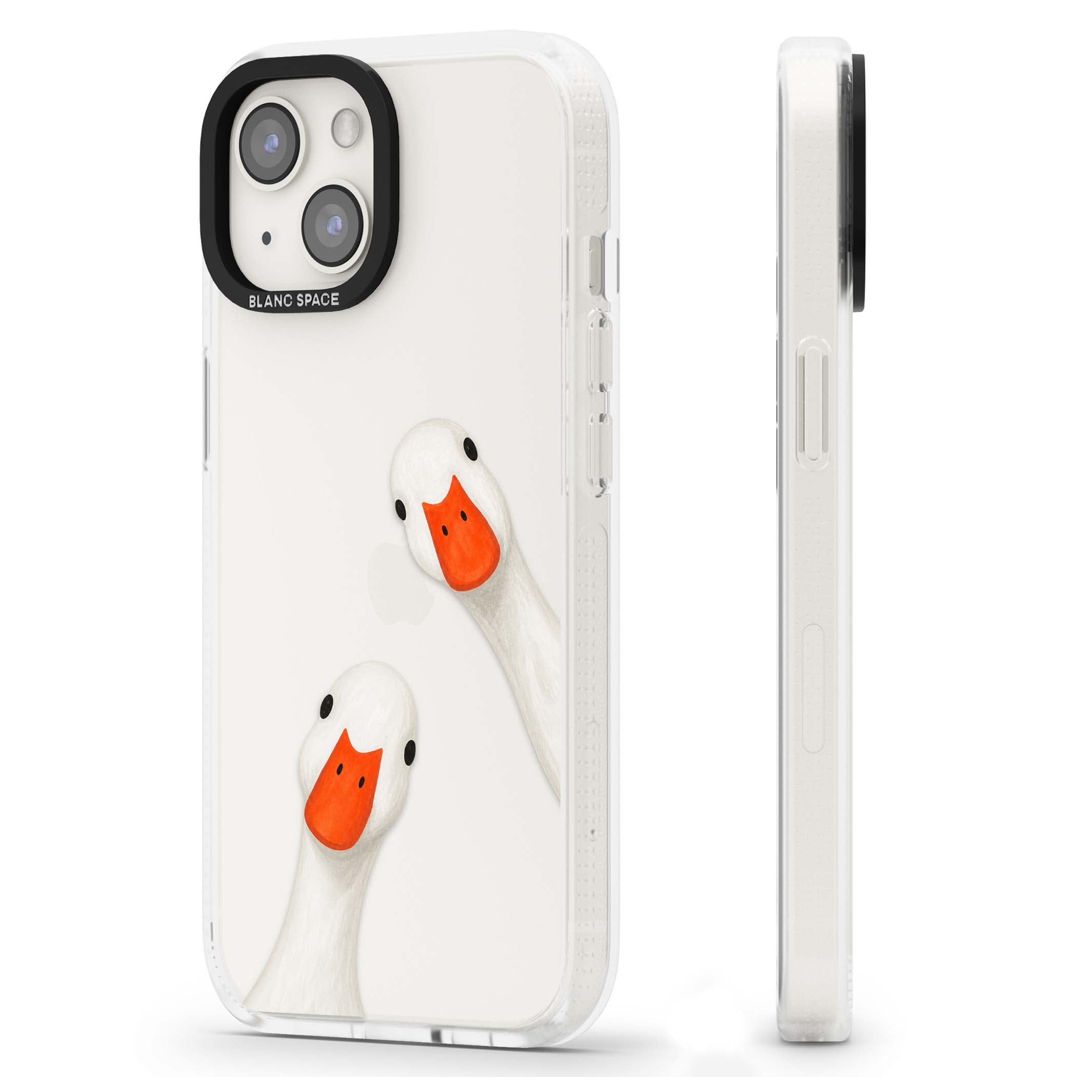 Nosy Ducks cottagecore iPhone case featuring two peeking white ducks with orange beaks on a clear background | Clear Case Impact Air case for iPhone 15, iPhone 15 Plus