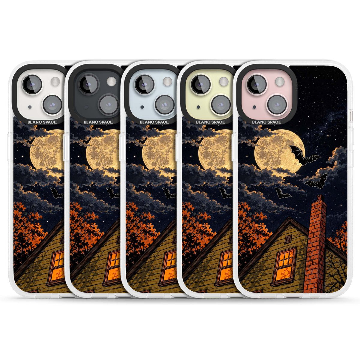 Hollows Eve Halloween iPhone case featuring a haunted house, full moon and flying bats against a starry autumn sky | Clear Case Impact Air case for iPhone 15, iPhone 15 Plus