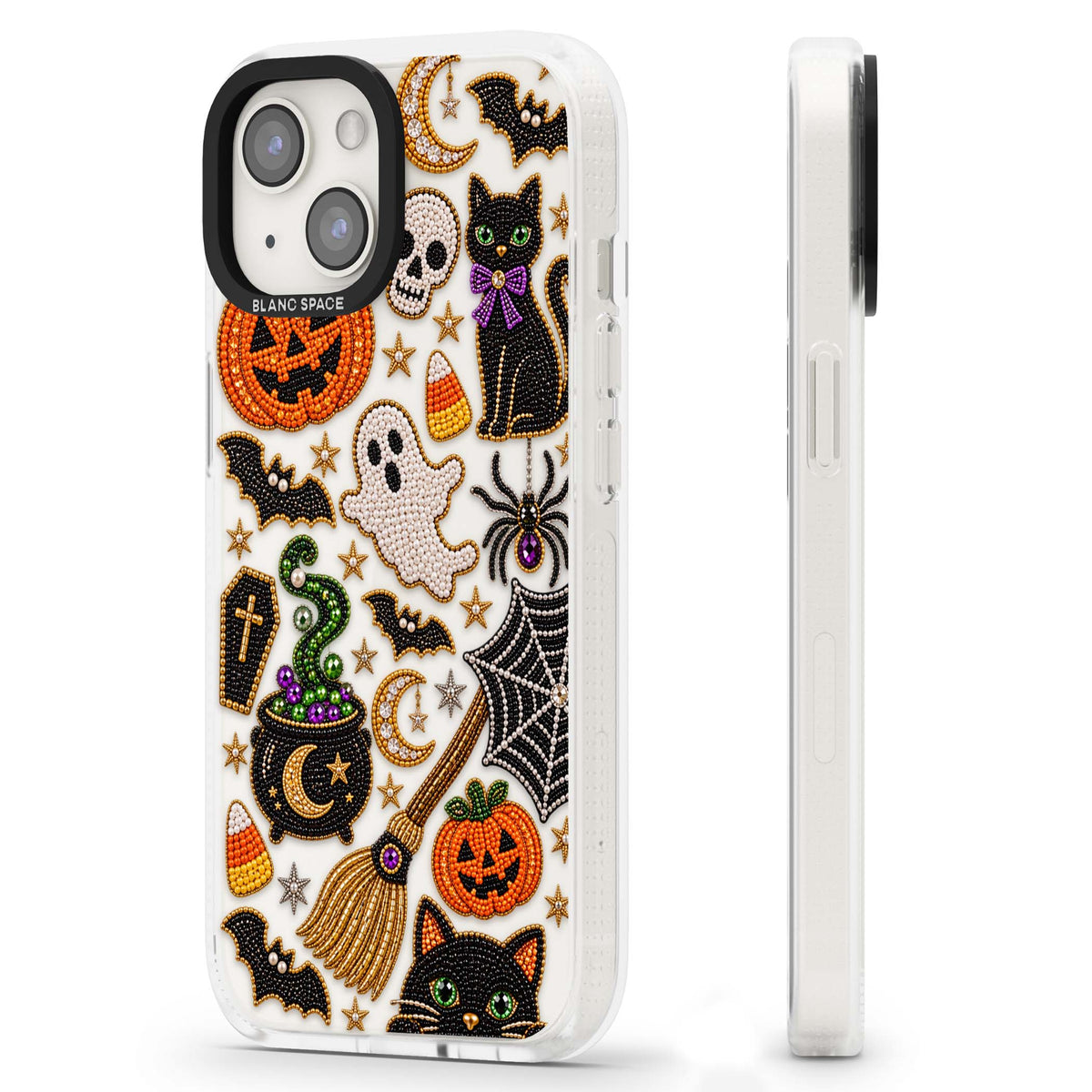 Beaded Halloween Halloween iPhone case featuring beaded pumpkins, ghosts, black cats and bats | Clear Case Impact Air case for iPhone 15, iPhone 15 Plus