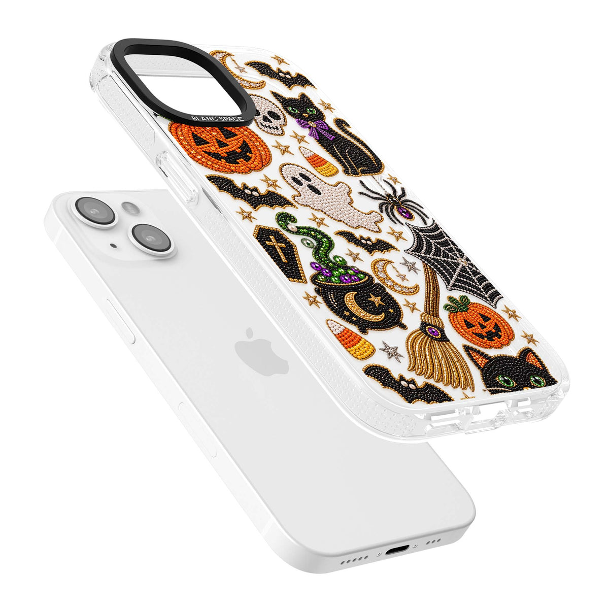 Beaded Halloween Halloween iPhone case featuring beaded pumpkins, ghosts, black cats and bats | Clear Case Impact Air case for iPhone 15, iPhone 15 Plus
