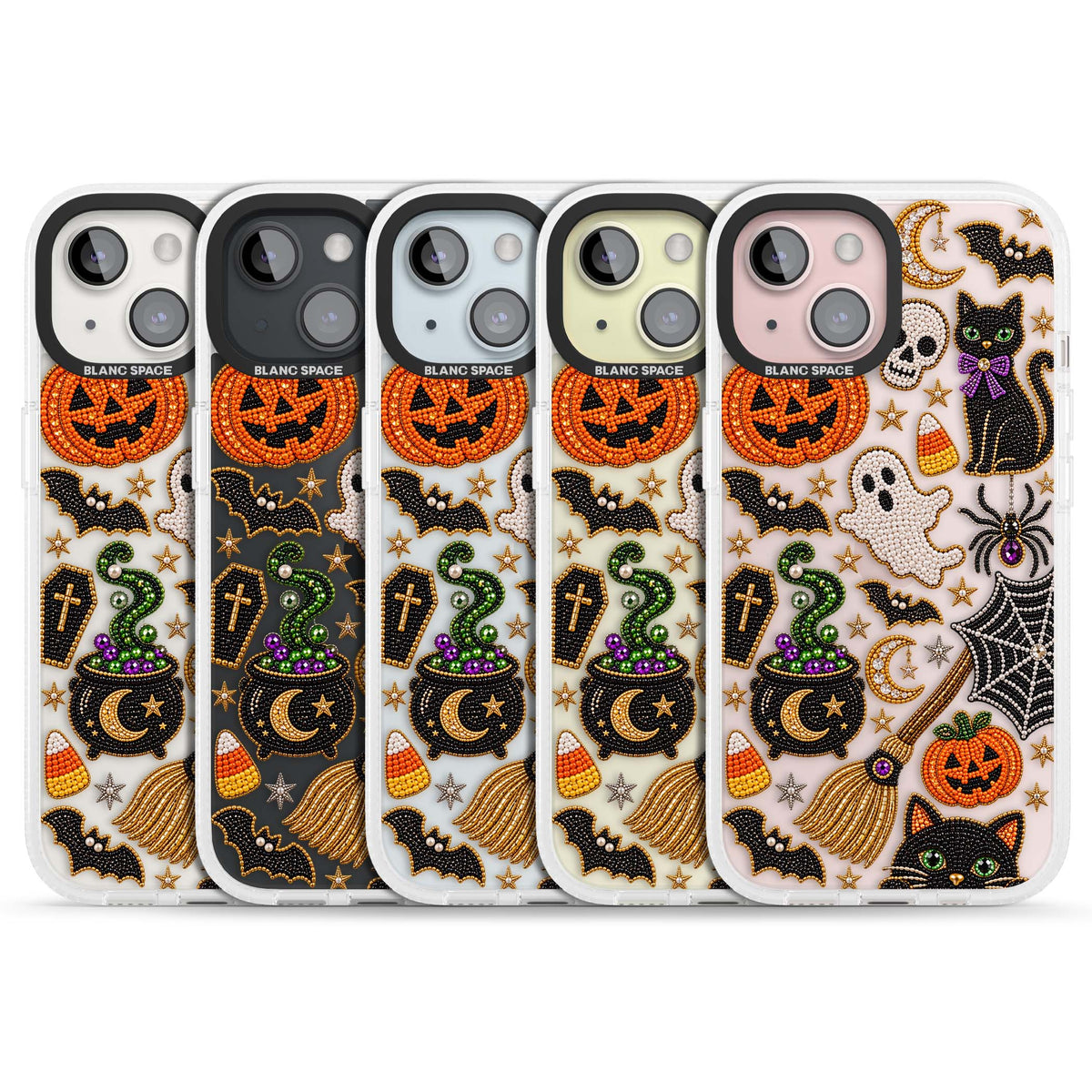 Beaded Halloween Halloween iPhone case featuring beaded pumpkins, ghosts, black cats and bats | Clear Case Impact Air case for iPhone 15, iPhone 15 Plus