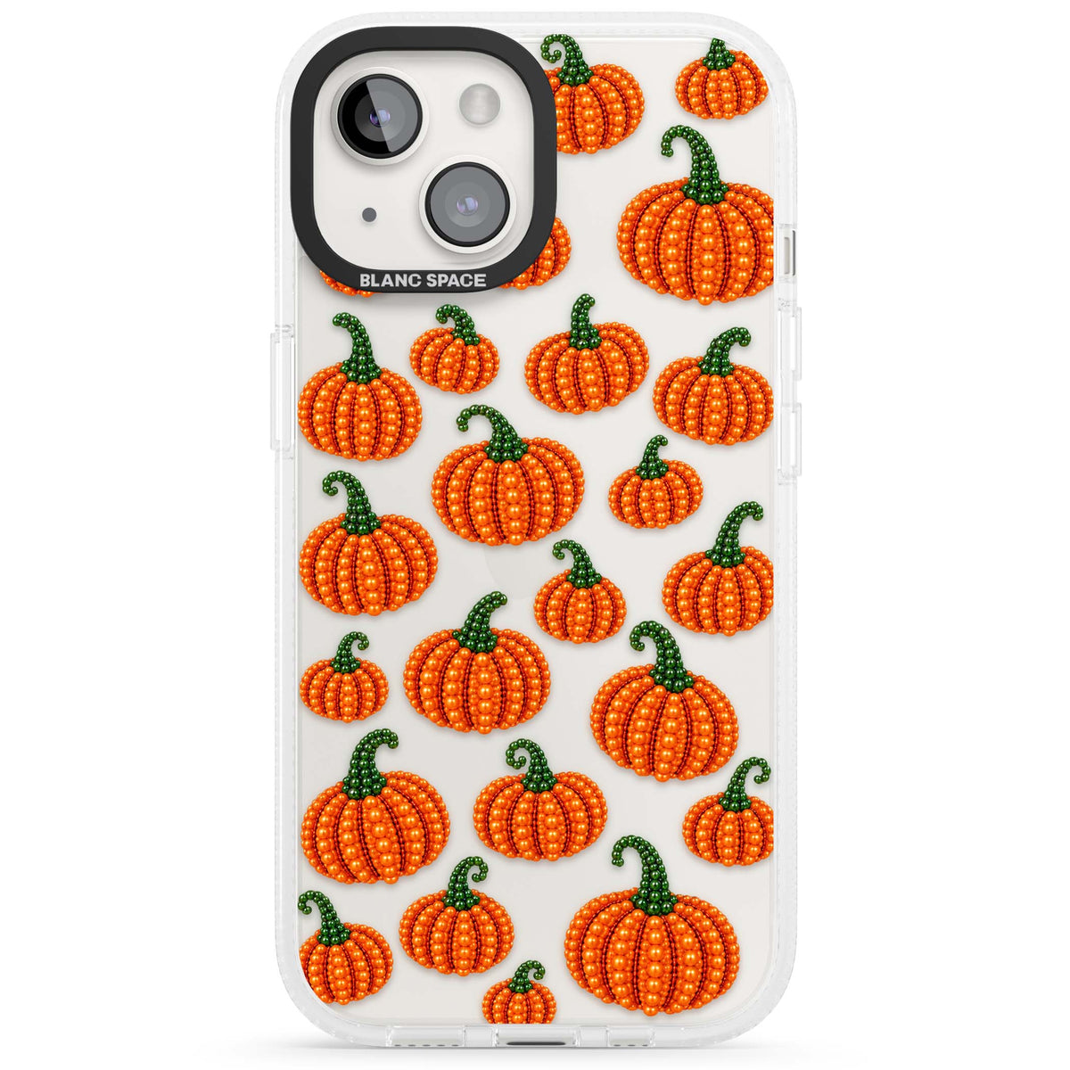 Beaded Pumpkins halloween iPhone case featuring beaded orange pumpkins with green stems on a clear background | Clear Case Impact Air case for iPhone 15, iPhone 15 Plus