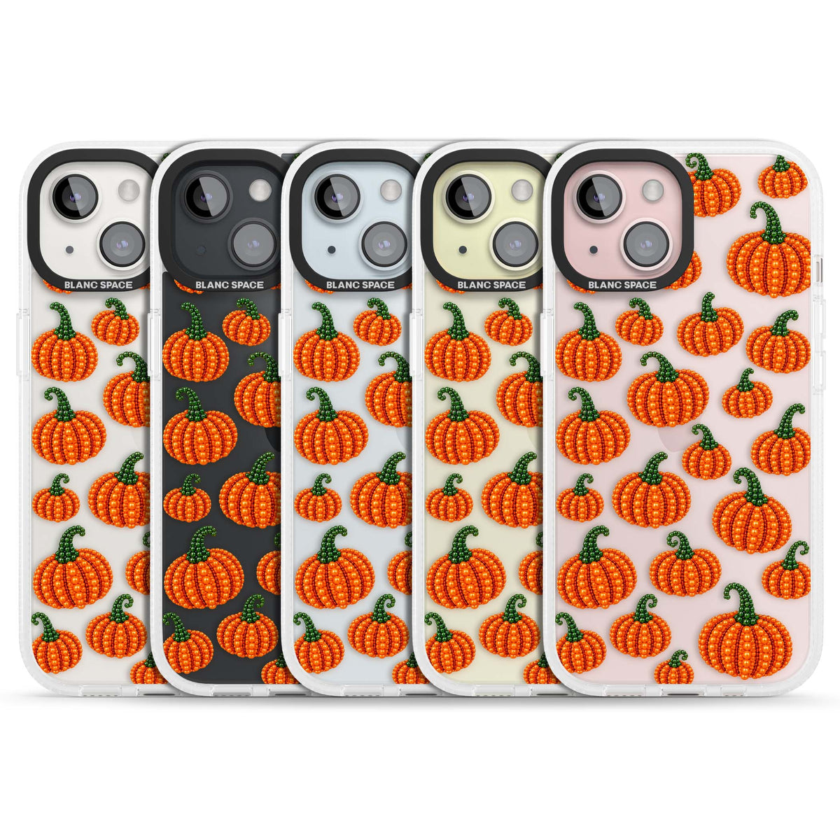 Beaded Pumpkins halloween iPhone case featuring beaded orange pumpkins with green stems on a clear background | Clear Case Impact Air case for iPhone 15, iPhone 15 Plus