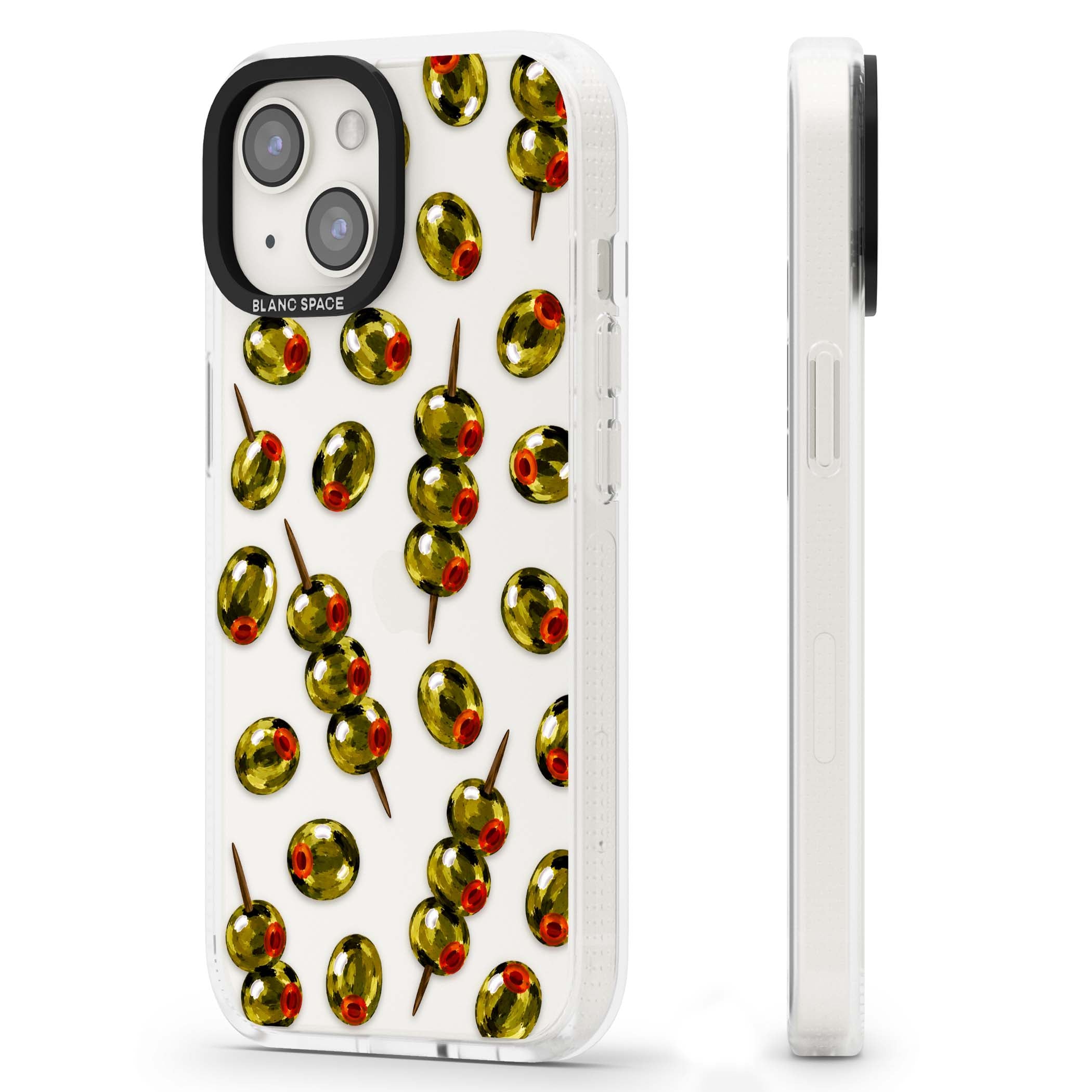 Painted Olives cocktail iPhone case featuring green olives, pimento centres and toothpick skewers on a clear background | Clear Case Impact Air case for iPhone 15, iPhone 15 Plus
