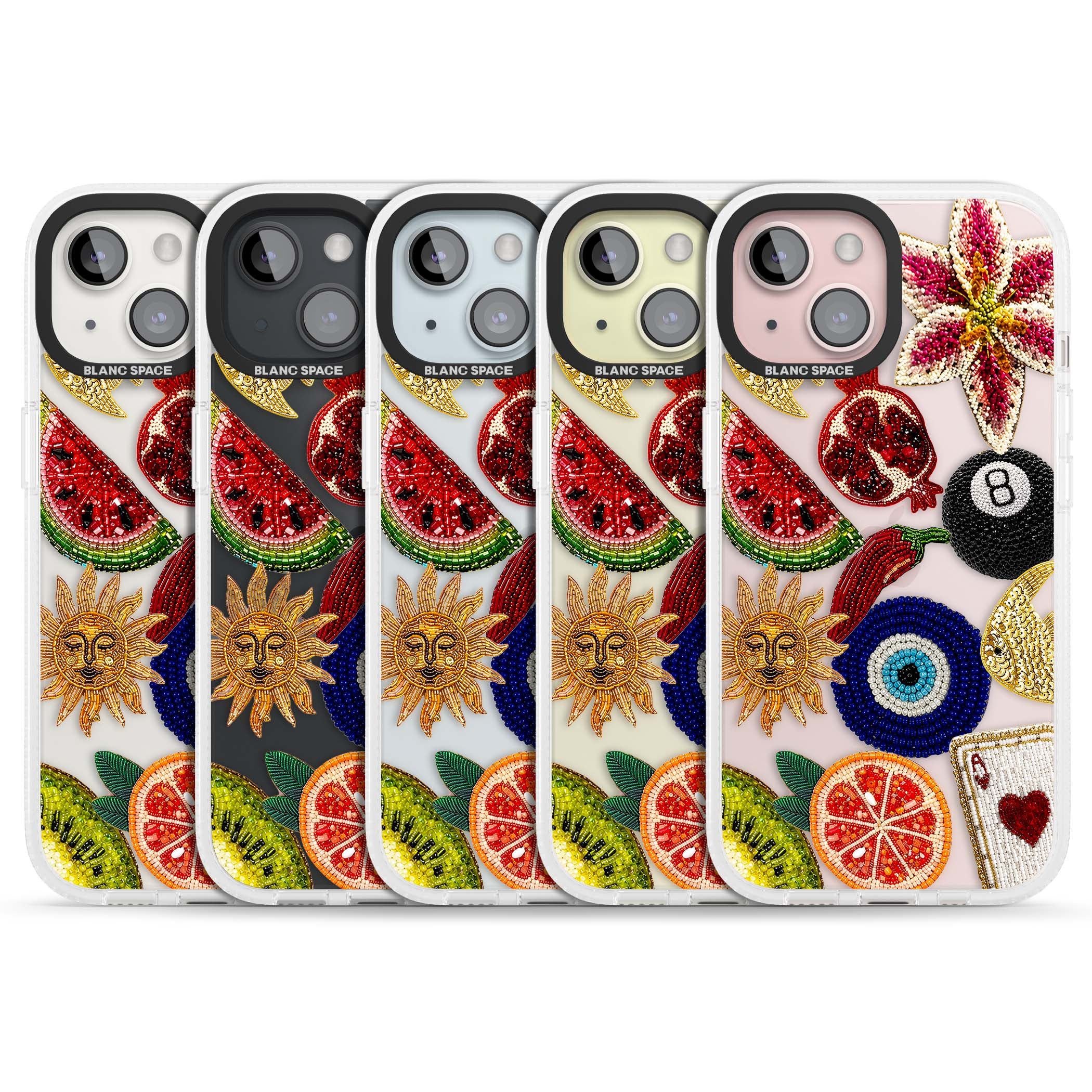 Beaded Charms embroidery iPhone case featuring beaded evil eye, fruit patches and a golden sun motif | Clear Case Impact Air case for iPhone 15, iPhone 15 Plus