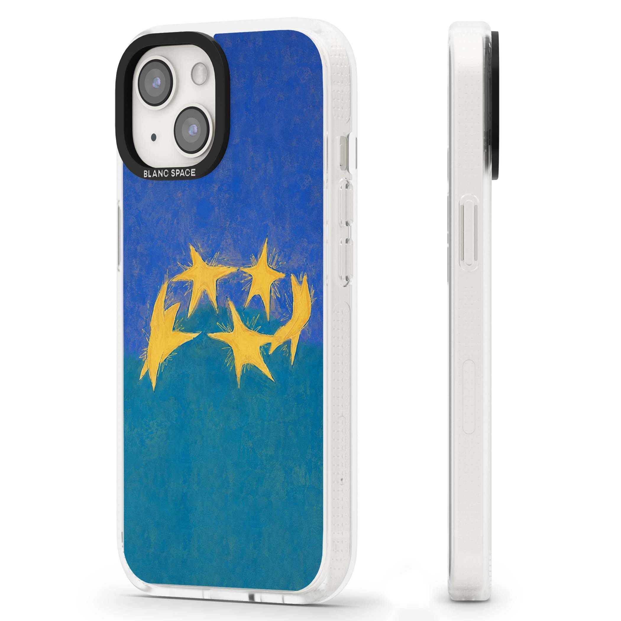 Star Boogie stars aesthetic iPhone case featuring five yellow hand-painted stars on cobalt blue and teal | Clear Case Impact Air case for iPhone 15, iPhone 15 Plus