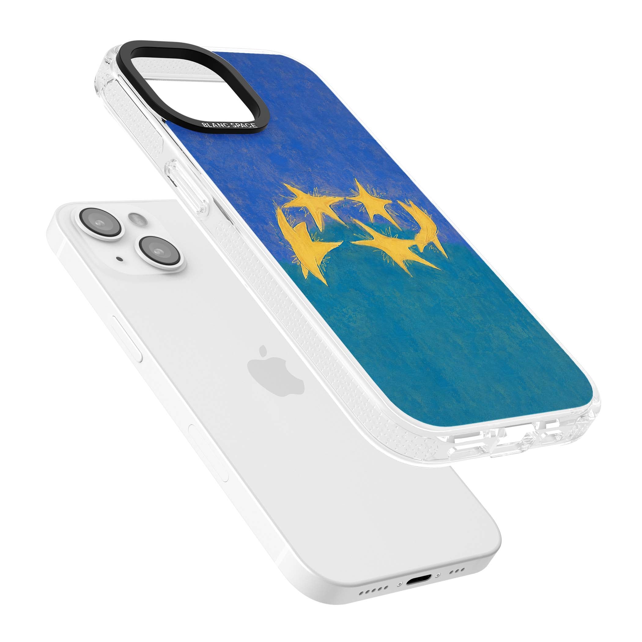 Star Boogie stars aesthetic iPhone case featuring five yellow hand-painted stars on cobalt blue and teal | Clear Case Impact Air case for iPhone 15, iPhone 15 Plus
