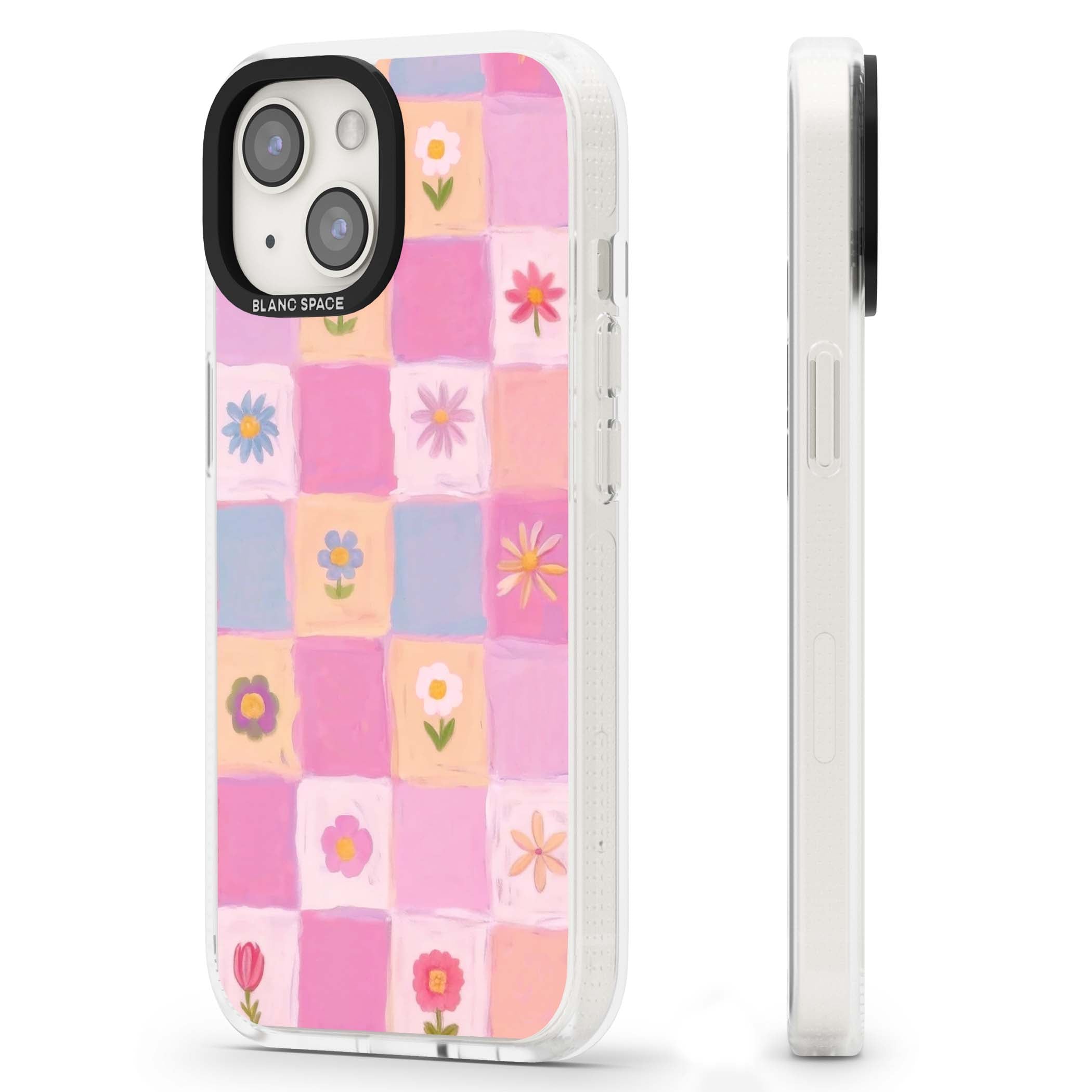 Pastel Flower Patchwork cottagecore iPhone case featuring painted pink and lilac squares with daisies and wildflowers | Clear Case Impact Air case for iPhone 15, iPhone 15 Plus