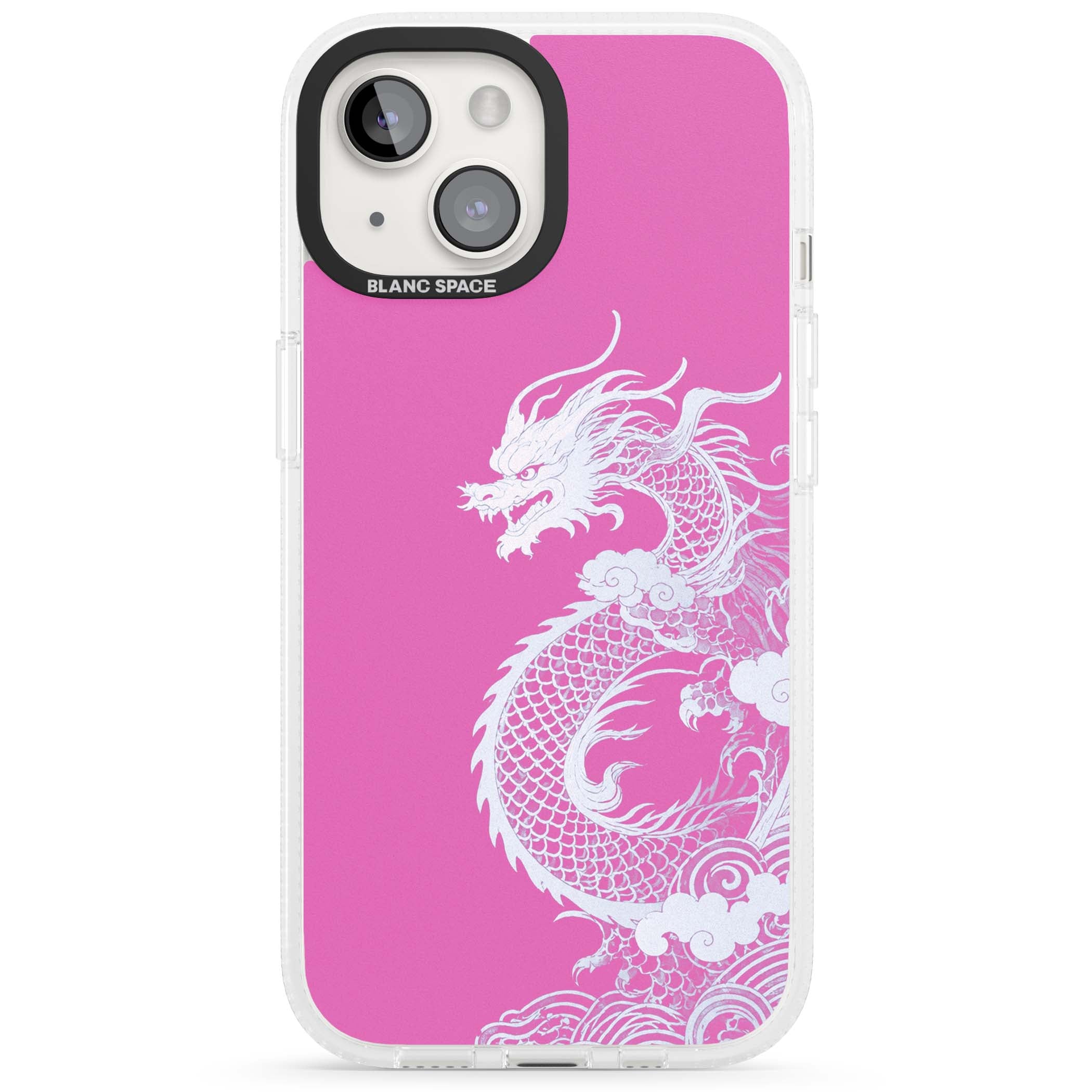 Pink Empress chinese dragon iPhone case featuring a white dragon, swirling clouds and pink dragon wallpaper backdrop | Clear Case Impact Air case for iPhone 15, iPhone 15 Plus