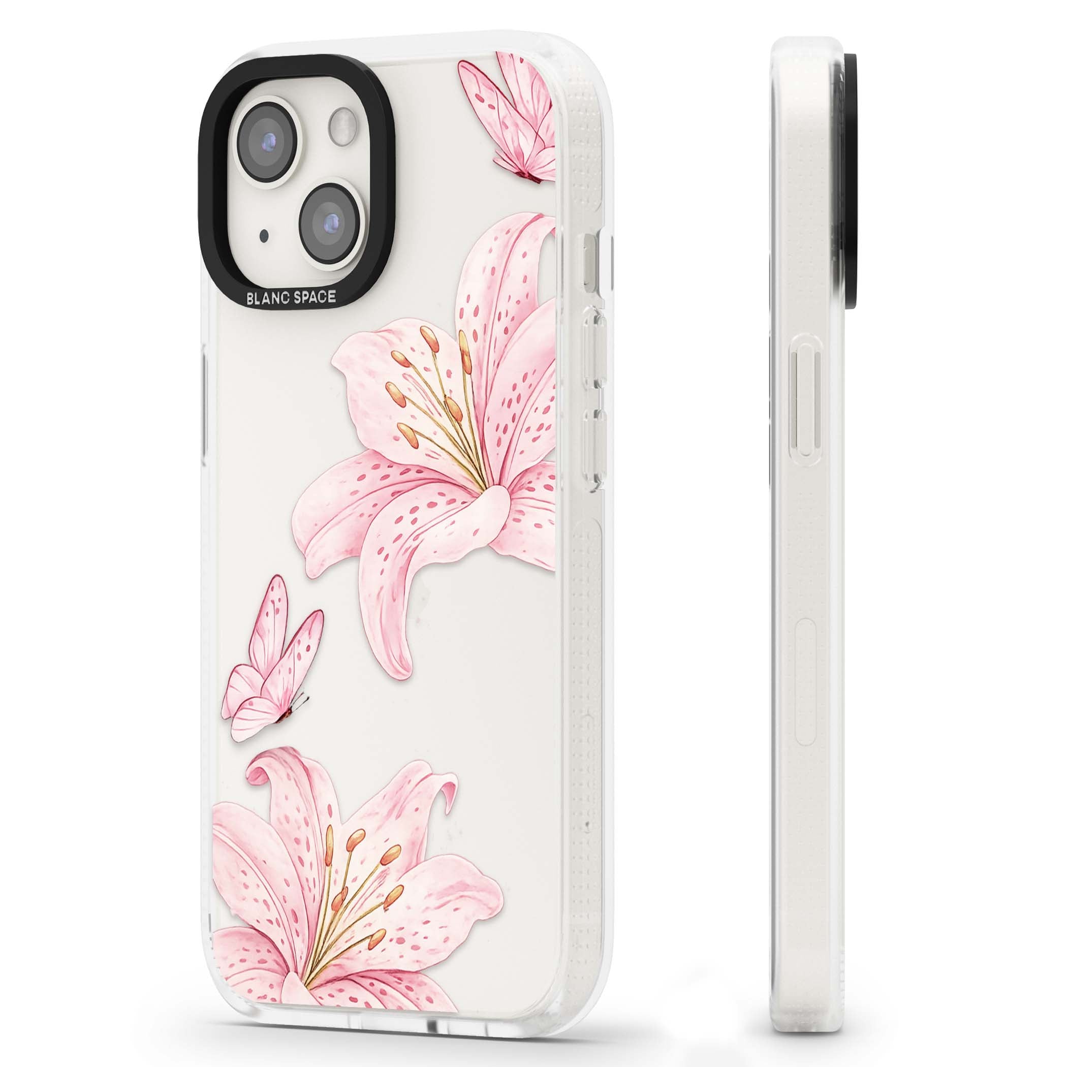 Lily Whisper floral iPhone case featuring pink watercolour lilies and delicate butterflies on a clear background | Clear Case Impact Air case for iPhone 15, iPhone 15 Plus