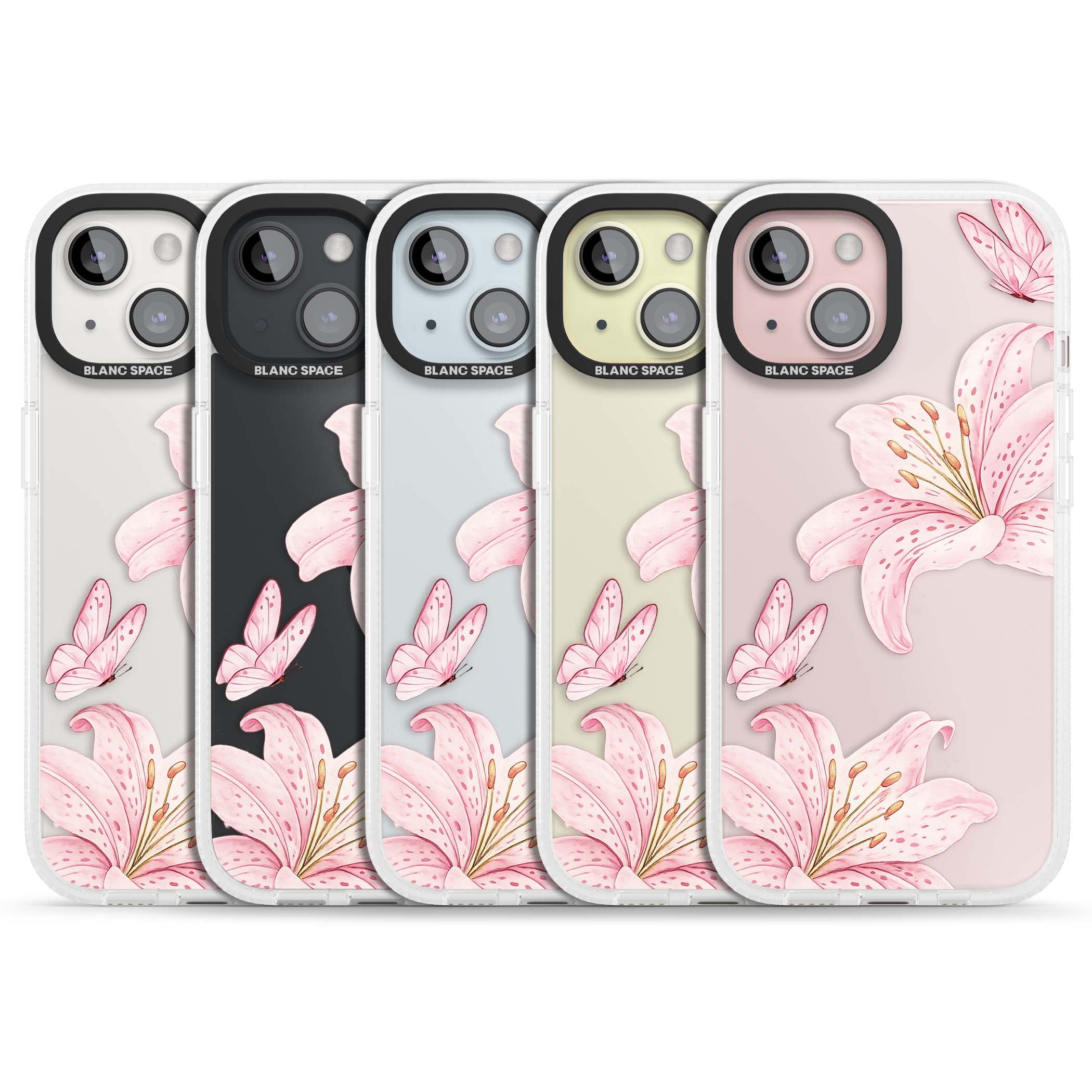 Lily Whisper floral iPhone case featuring pink watercolour lilies and delicate butterflies on a clear background | Clear Case Impact Air case for iPhone 15, iPhone 15 Plus