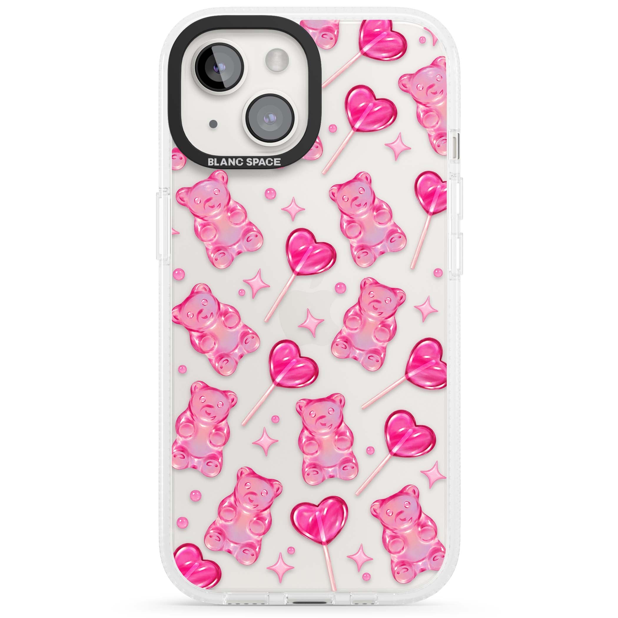 Pink Sugar pinkcore iPhone case featuring pink gummy bears, heart-shaped lollipops and sparkle stars | Clear Case Impact Air case for iPhone 15, iPhone 15 Plus