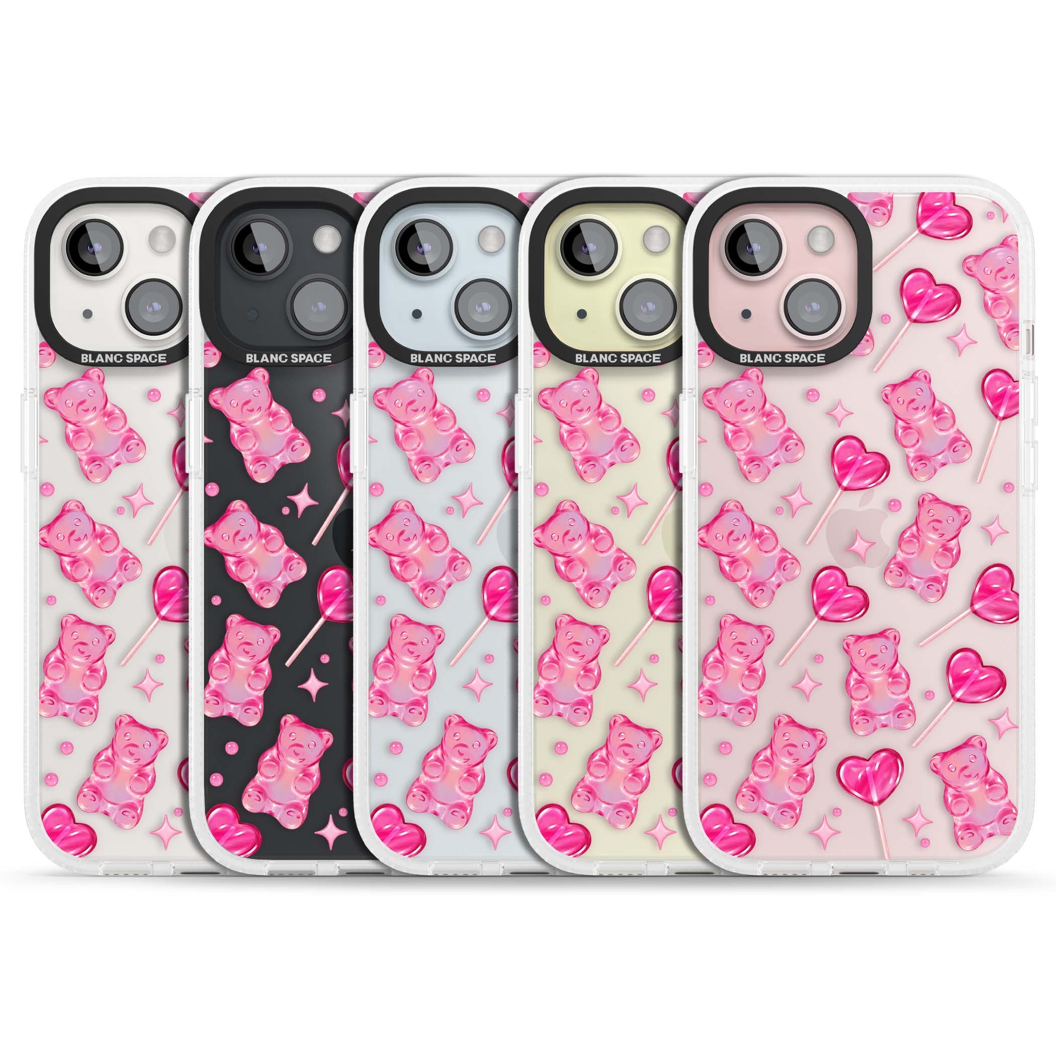 Pink Sugar pinkcore iPhone case featuring pink gummy bears, heart-shaped lollipops and sparkle stars | Clear Case Impact Air case for iPhone 15, iPhone 15 Plus
