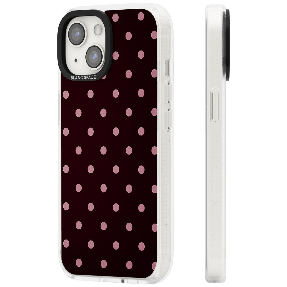 Merlot Dots polka dot iPhone case featuring dusty pink spots on a deep burgundy background in a retro grid iPhone 12 / 12 Pro / iPhone 12 / iPhone 12 Pro / iPhone 13 / iPhone 14 / iPhone 14 Plus / iPhone 15 / iPhone 15 Plus Impact Air Phone Case side