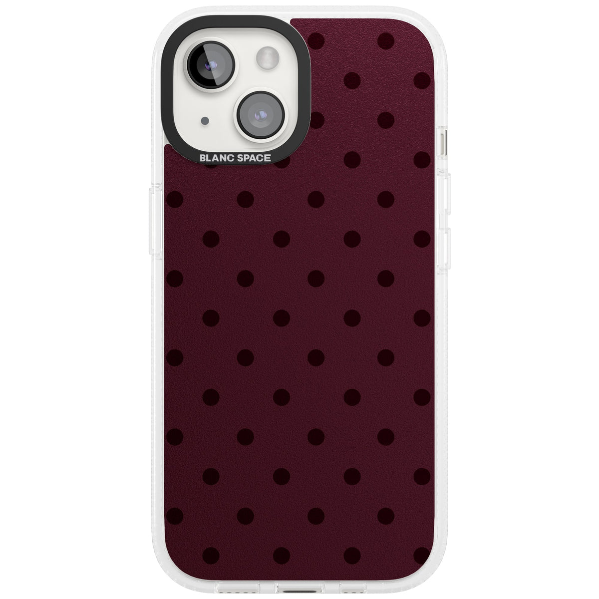 Burgundy Polka Dot minimalist iPhone case featuring black polka dots on a deep burgundy wine red background iPhone 12 / 12 Pro / iPhone 12 / iPhone 12 Pro / iPhone 13 / iPhone 14 / iPhone 14 Plus / iPhone 15 Impact Air Phone Case front