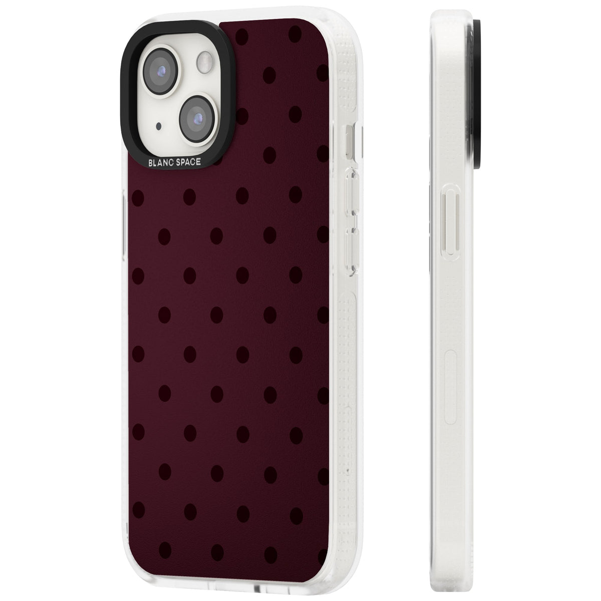 Burgundy Polka Dot minimalist iPhone case featuring black polka dots on a deep burgundy wine red background iPhone 12 / 12 Pro / iPhone 12 / iPhone 12 Pro / iPhone 13 / iPhone 14 / iPhone 14 Plus / iPhone 15 / iPhone 15 Plus Impact Air Phone Case side
