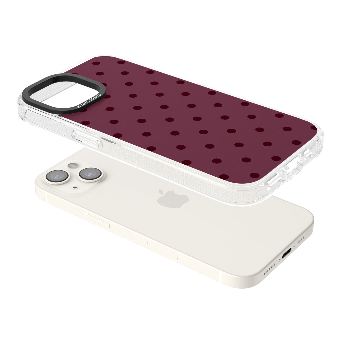 Burgundy Polka Dot minimalist iPhone case featuring black polka dots on a deep burgundy wine red background iPhone 12 / 12 Pro / iPhone 12 / iPhone 12 Pro / iPhone 13 / iPhone 14 / iPhone 14 Plus / iPhone 15 / iPhone 15 Plus Impact Air Phone Case angled