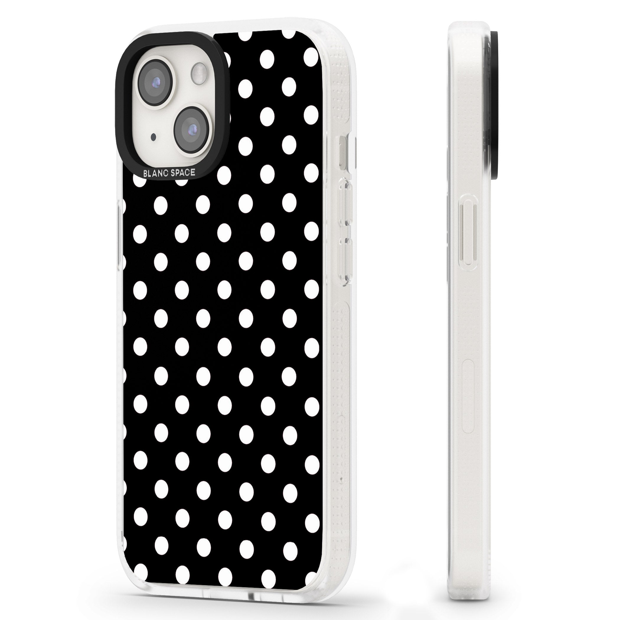 Designer Chic Black Polka Dot iPhone 15 / 14 / 13 Clear Case Impact Air - Blanc Space