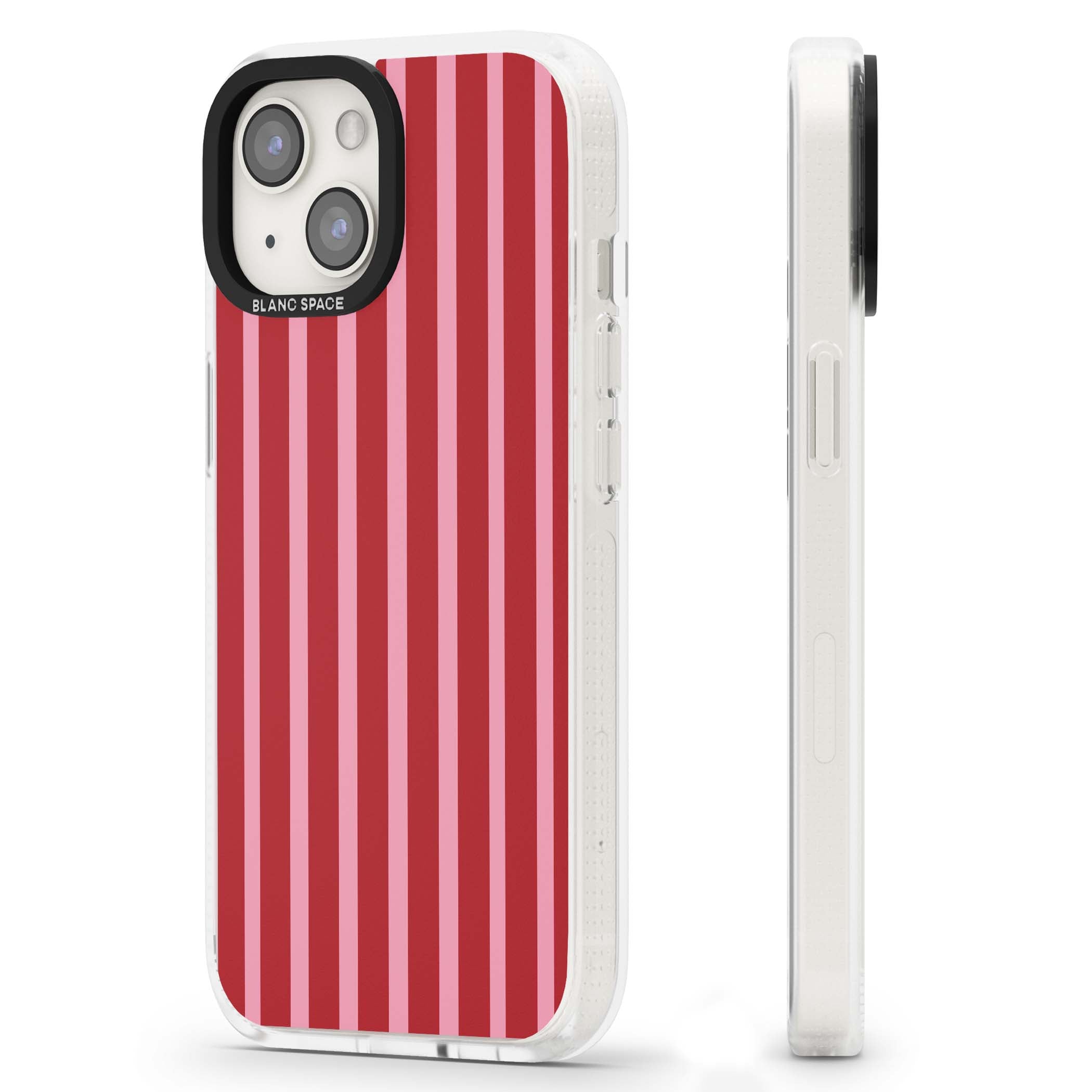 Raspberry Stripe coquette iPhone case featuring red and pink vertical stripes in a candy-inspired pattern | Clear Case Impact Air case for iPhone 15, iPhone 15 Plus
