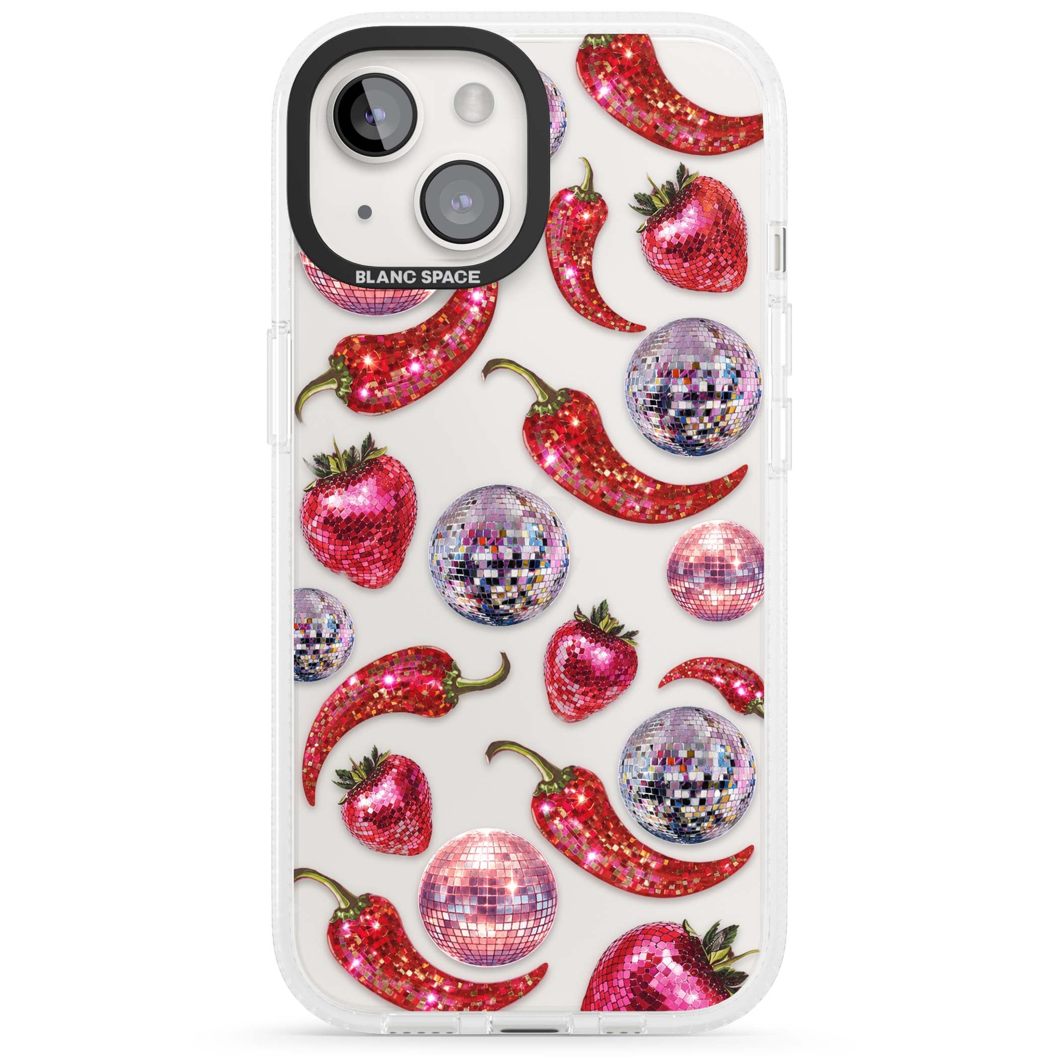 Spicy Disco Y2K iPhone case featuring glitter disco balls, sparkly strawberries and red chilli peppers | Clear Case Impact Air case for iPhone 15, iPhone 15 Plus